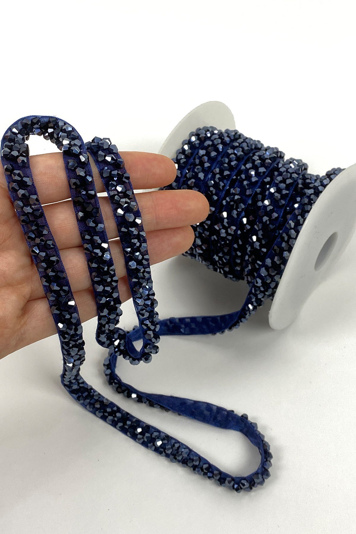 Navy Blue Crystal Bead Embroidered Ribbon