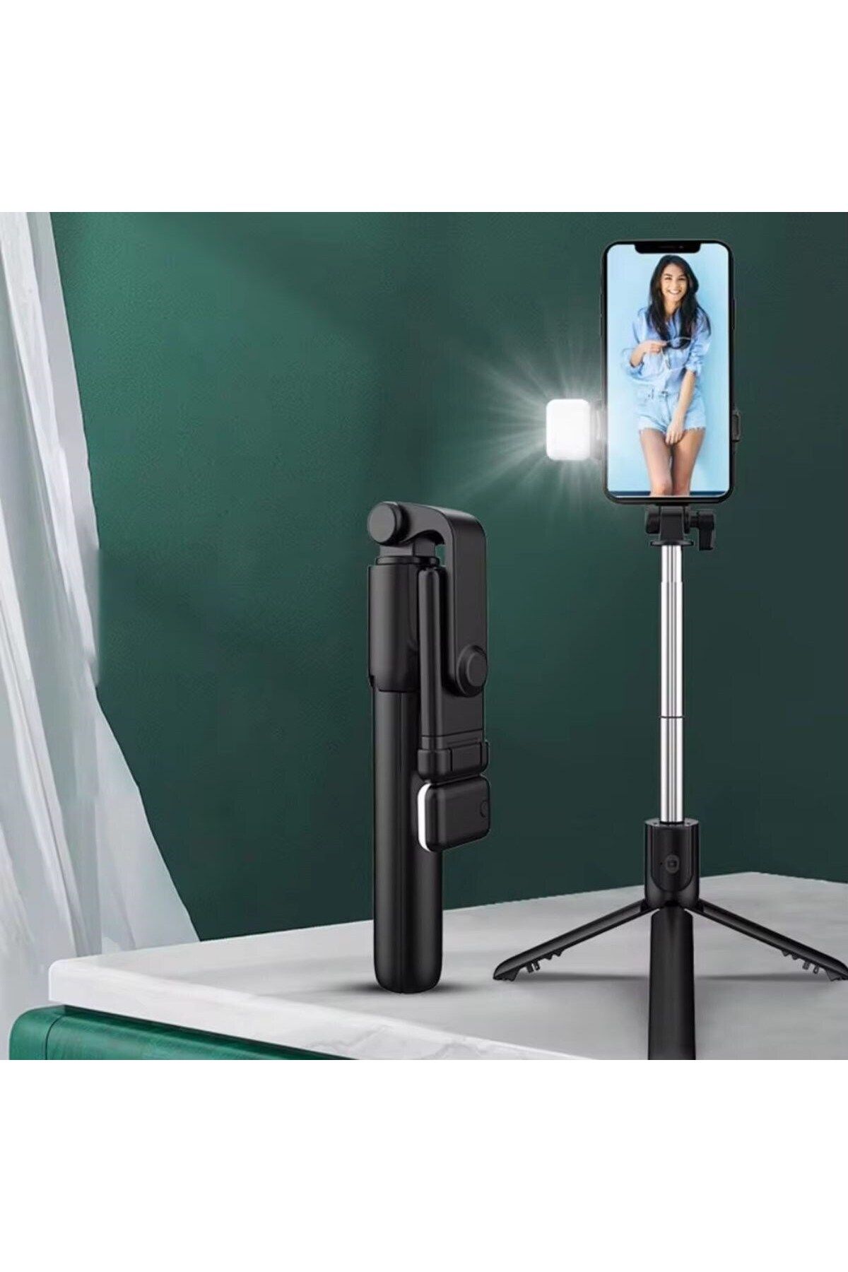 secblue BUFFER® Kendiliğinden LED Işıklı Kumandalı Uzayabilen Selfie Çubuğu,Masa Üstü Tripod