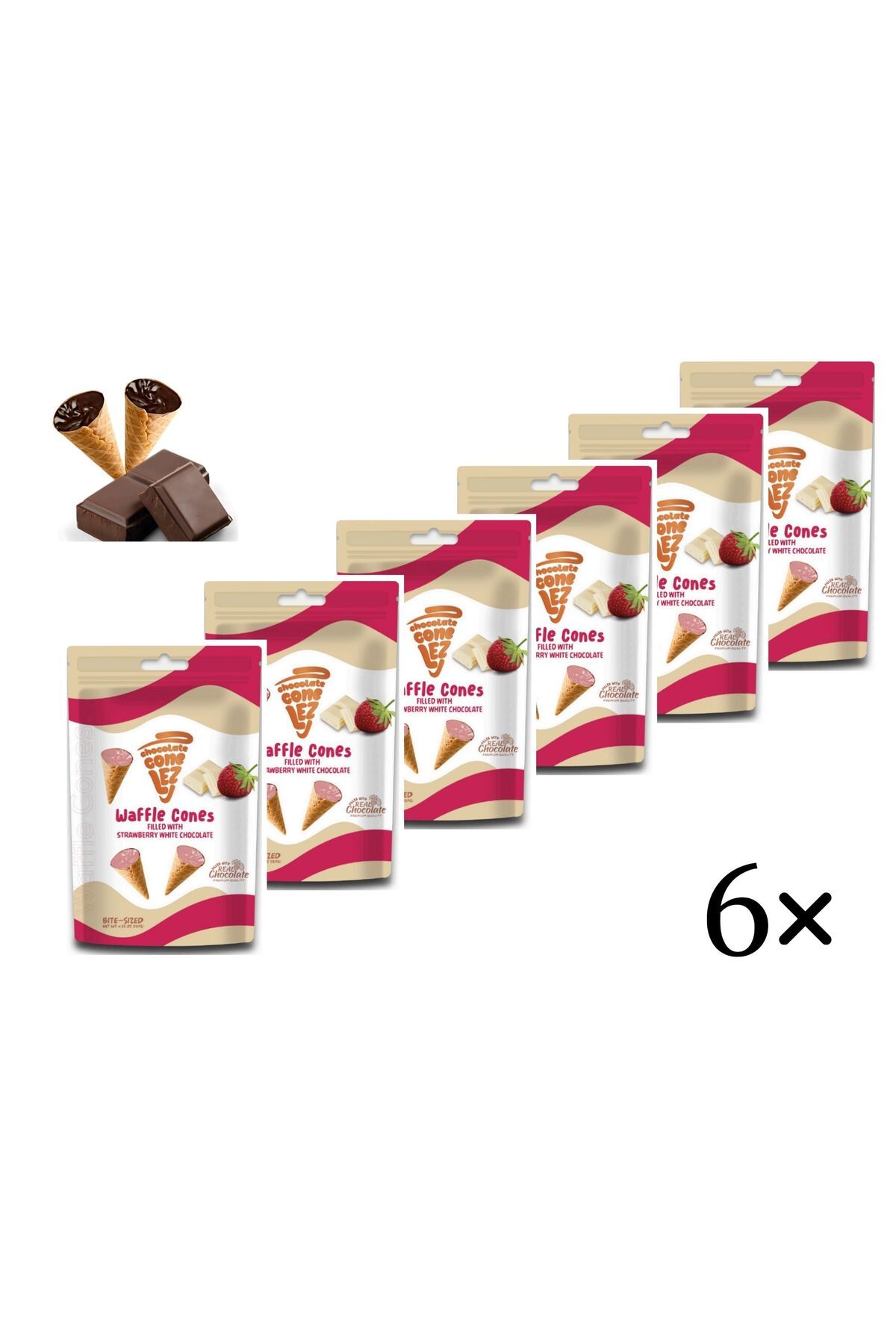 CONELEZ CHOCOLATE Çilekli Beyaz Çikolata Dolgulu Mini Waffle Kornet 6'lı paket 120 gr