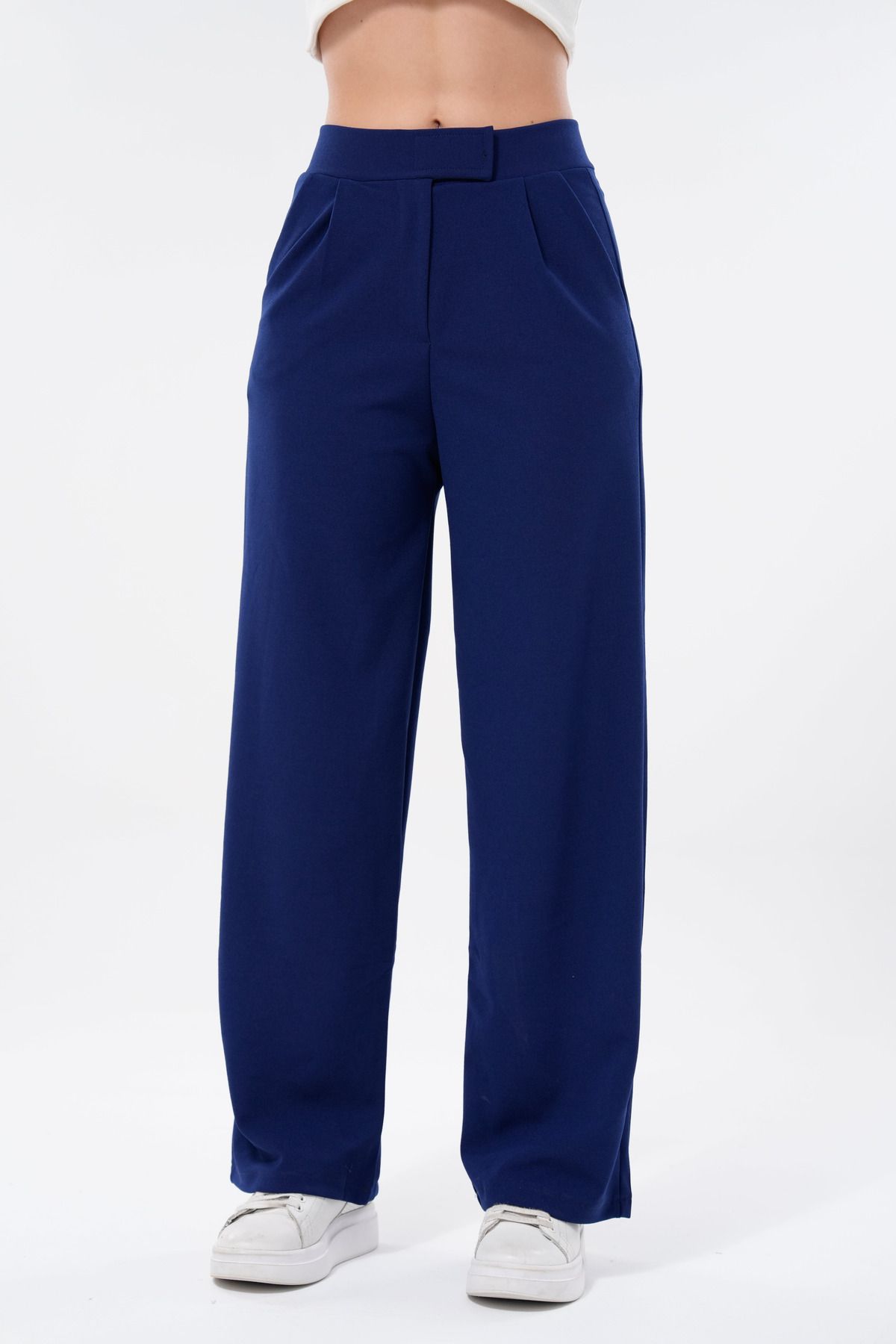 vuvutasarım-Țesătură creponată Închidere cu velcro Buzunare late pentru picioare Pantaloni de damă bleumarin 001 6