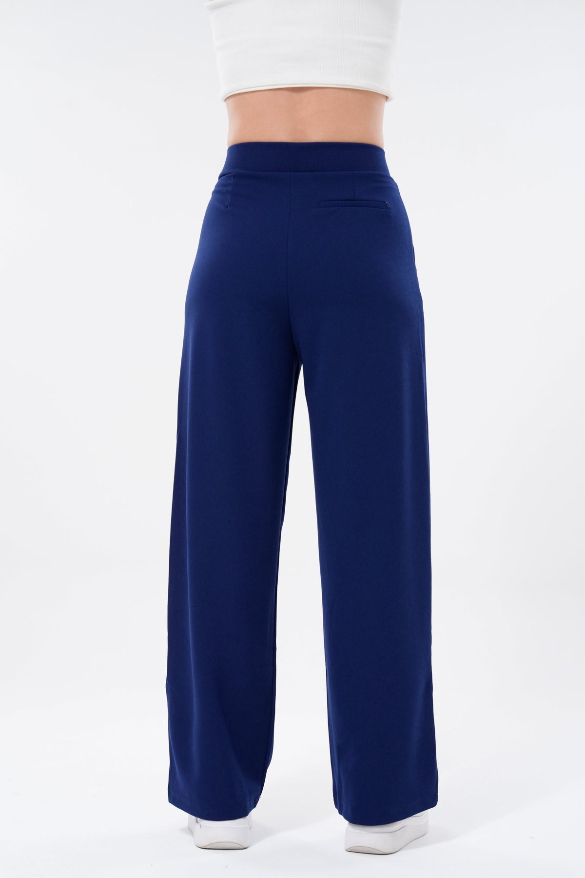 vuvutasarım-Țesătură creponată Închidere cu velcro Buzunare late pentru picioare Pantaloni de damă bleumarin 001 4