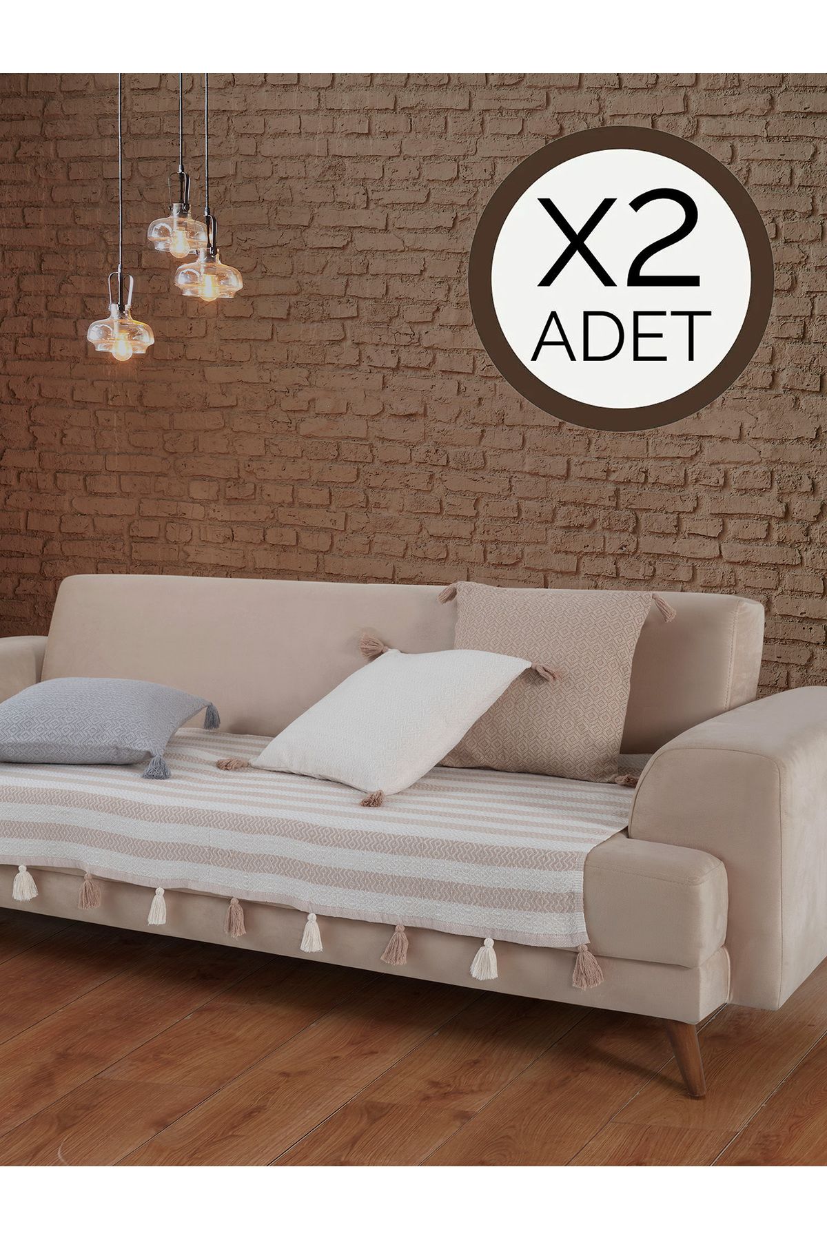 Lux Touch Liva Ponponlu Bej 2 Adet Koltuk Örtüsü 115x200 Cm Kanepe Divan Çekyat Berjer Örtüsü Püsküllü