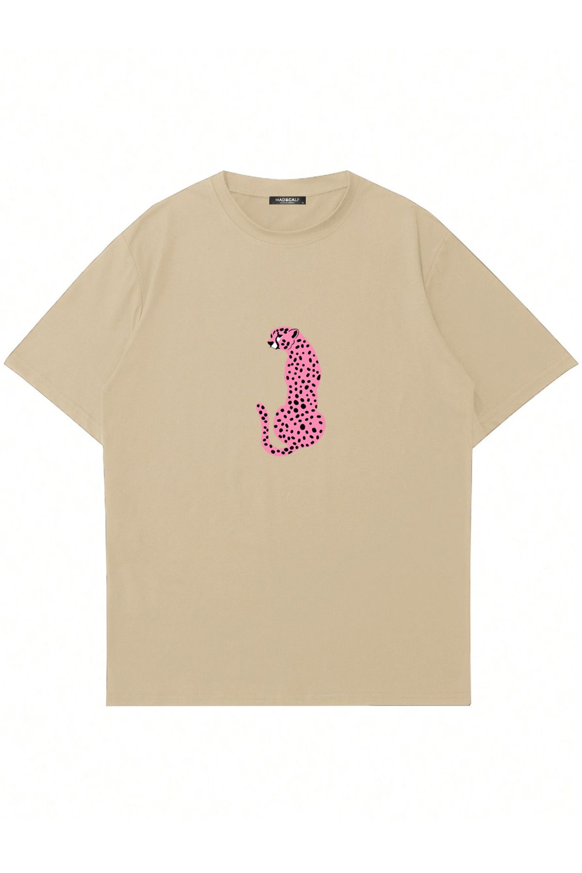 Mad&Calf Kadın Pink Leopard Baskılı Bisiklet Yaka Oversize Tshirt