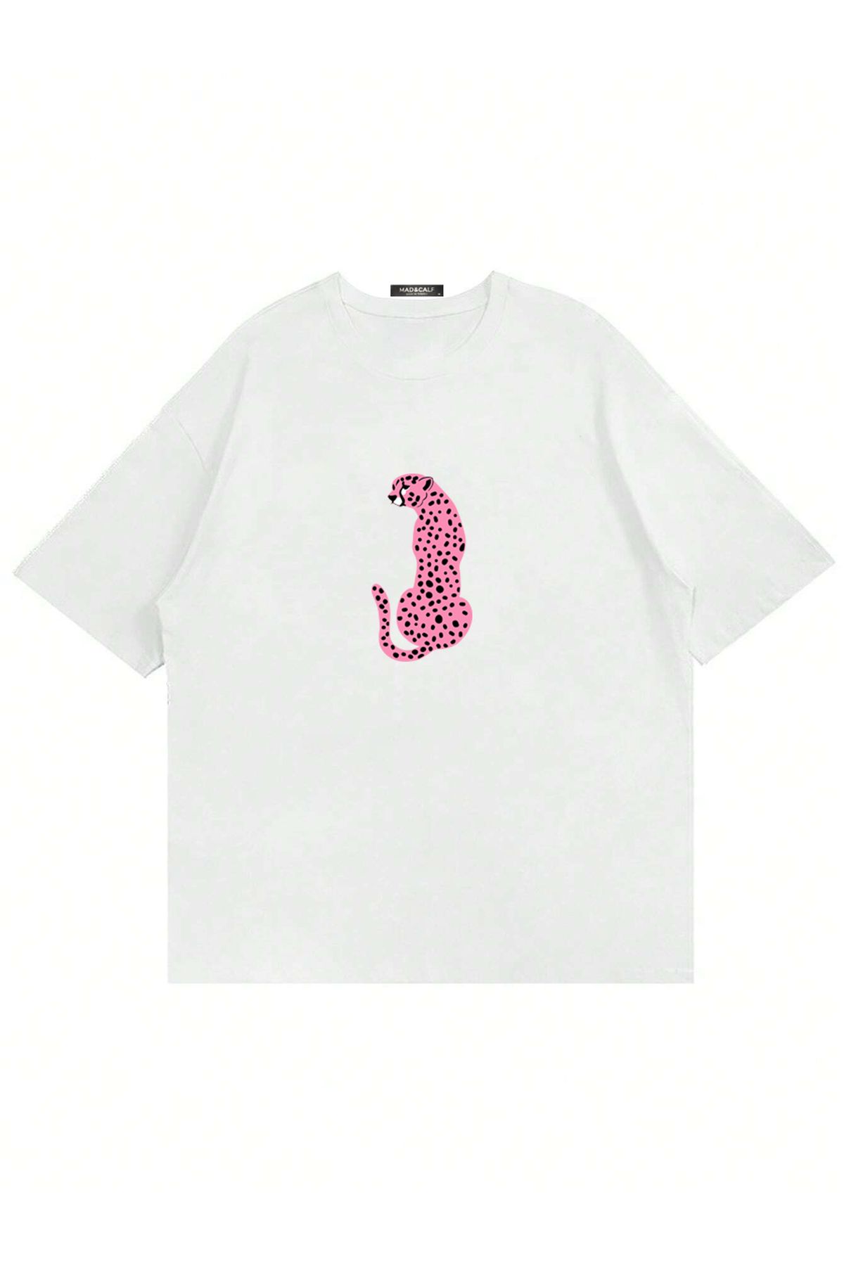 Mad&Calf Kadın Pink Leopard Baskılı Bisiklet Yaka Oversize Tshirt