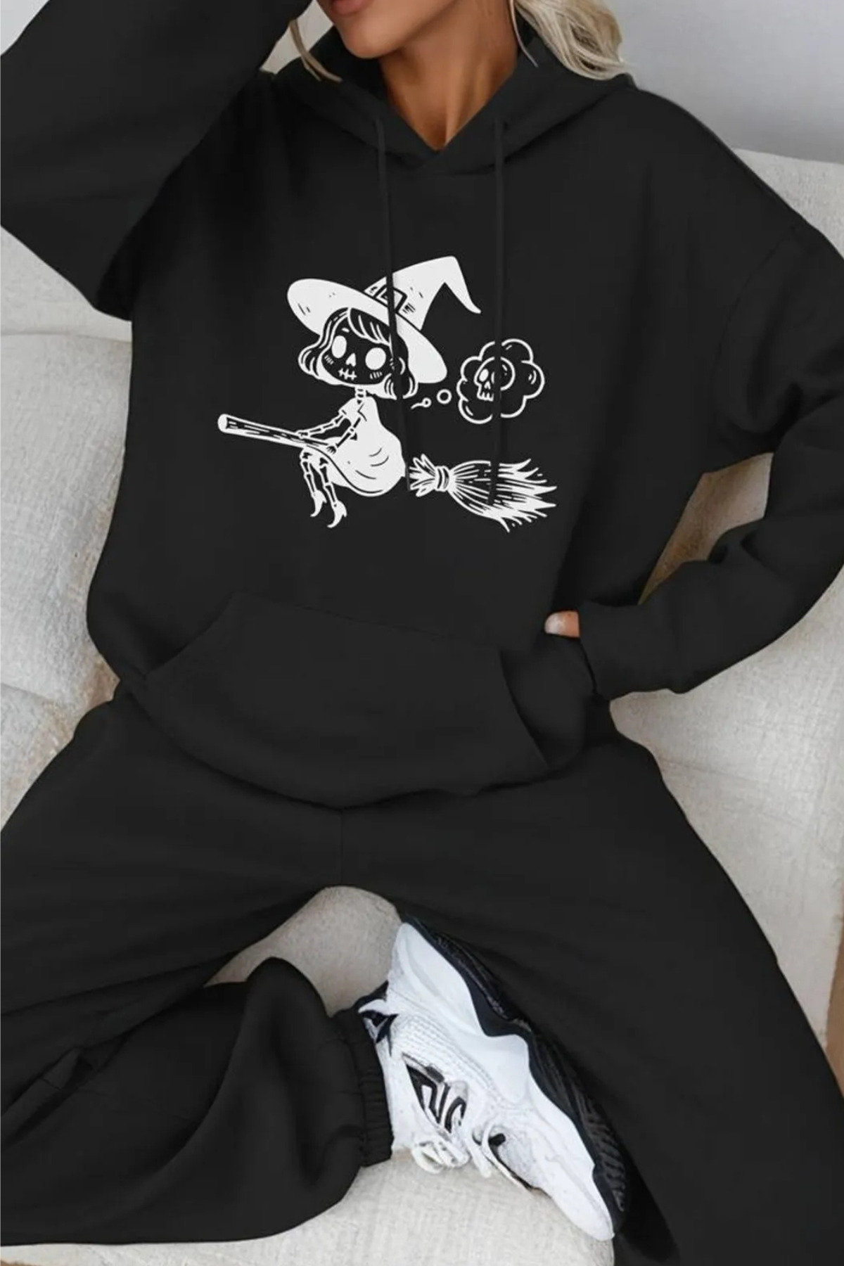 Genel Markalar Pamuklu UNISEX Siyah Cadı Baskılı Kapşonlu 2 İplik Sweat Jogger Takım