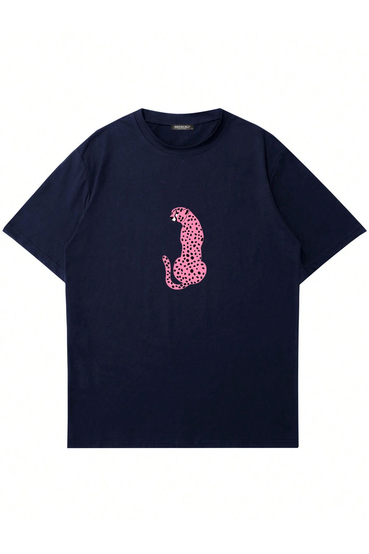 Mad&Calf Kadın Pink Leopard Baskılı Bisiklet Yaka Oversize Tshirt