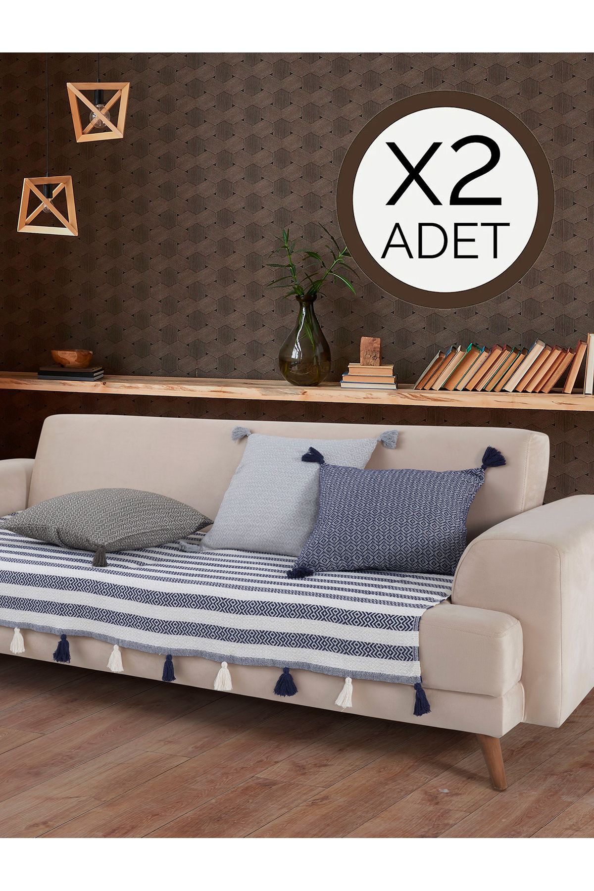 Lux Touch Liva Ponponlu Lacivert 2 Adet Koltuk Örtüsü 115x200 Cm Kanepe Divan Çekyat Berjer Örtüsü Püsküllü