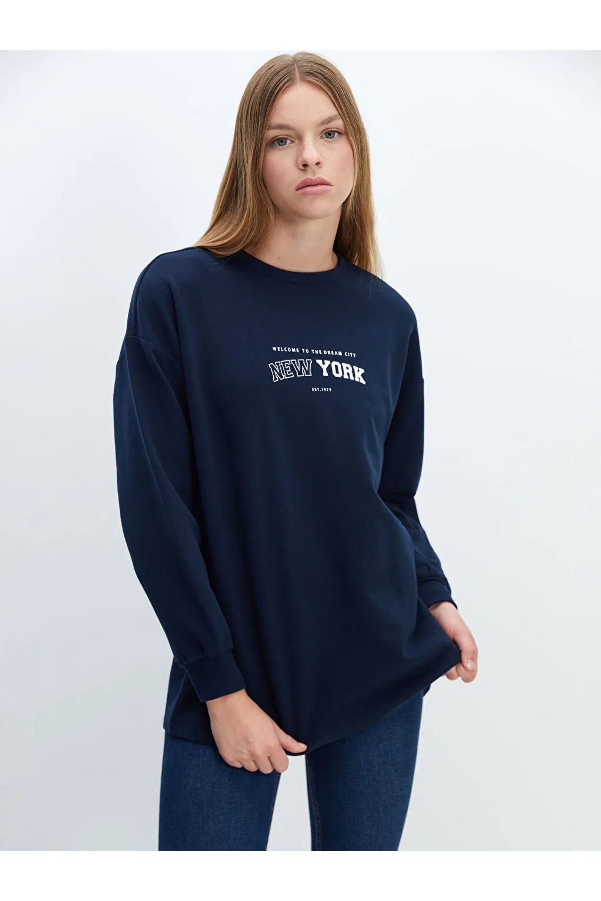 shop Lacivert Bisiklet Yaka Baskılı Oversize Kadın Sweatshirt Tunik