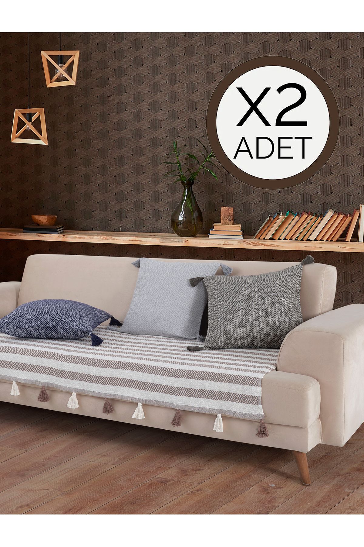 Lux Touch Liva Ponponlu Kahve 2 Adet Koltuk Örtüsü 115x200 Cm Kanepe Divan Çekyat Berjer Örtüsü Püsküllü