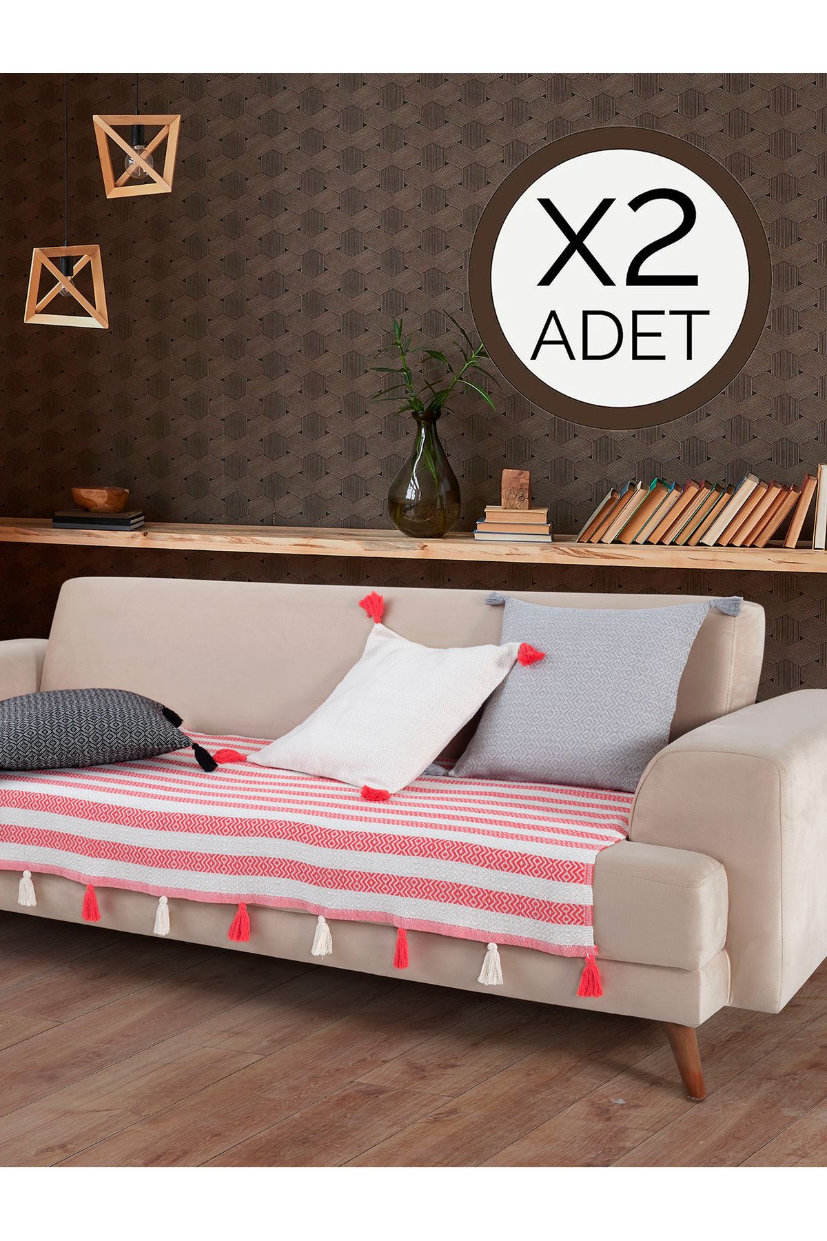 Lux Touch Liva Ponponlu Mercan 2 Adet Koltuk Örtüsü 115x200 Cm Kanepe Divan Çekyat Berjer Örtüsü Püsküllü