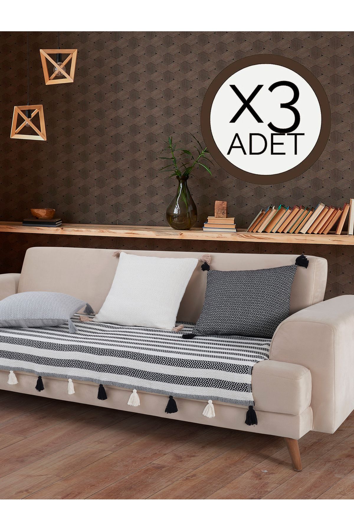 Lux Touch Liva Ponponlu Siyah 3 Adet Koltuk Örtüsü 115x200 Cm Kanepe Divan Çekyat Berjer Örtüsü Püsküllü