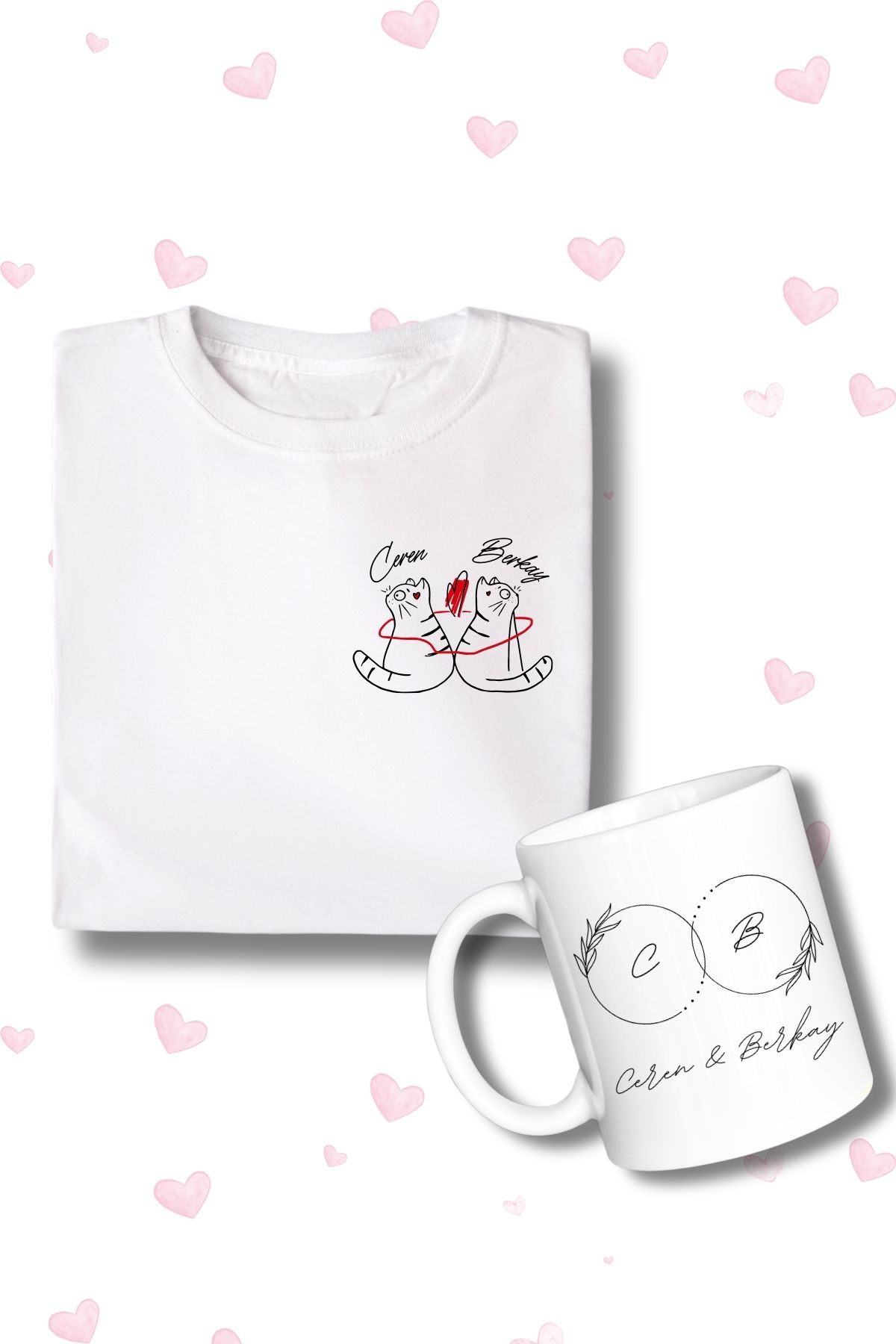 karikatürstore İsme Özel Unisex Tişört ve Kupa Seti Sevgililer Günü Özel Baskılı Set