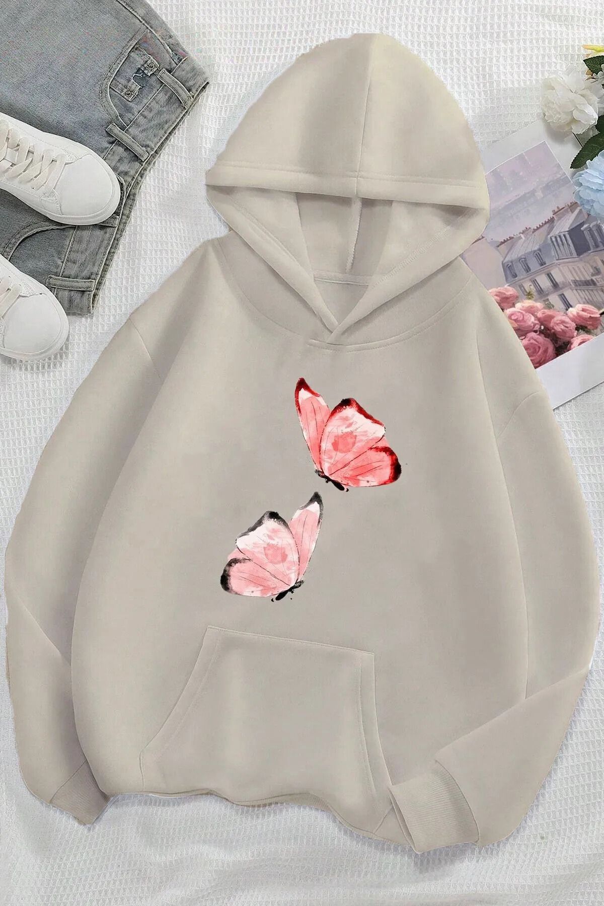 FECCY Pamuklu 2 pembe kelebek ön baskılı oversize kapşonlu sweatshirt