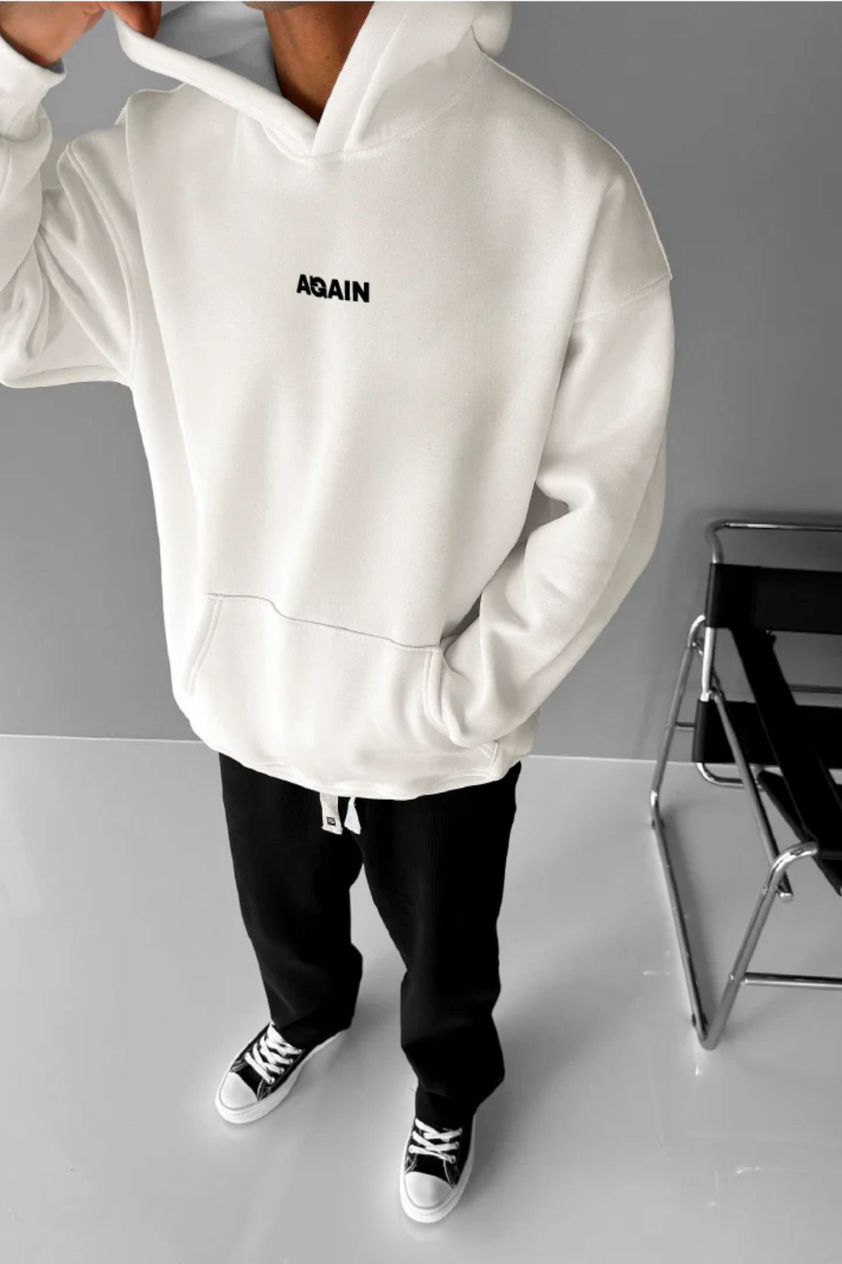 FECCY Pamuklu Again Baskılı Kapüşonlu Sweatshirt Hoodie