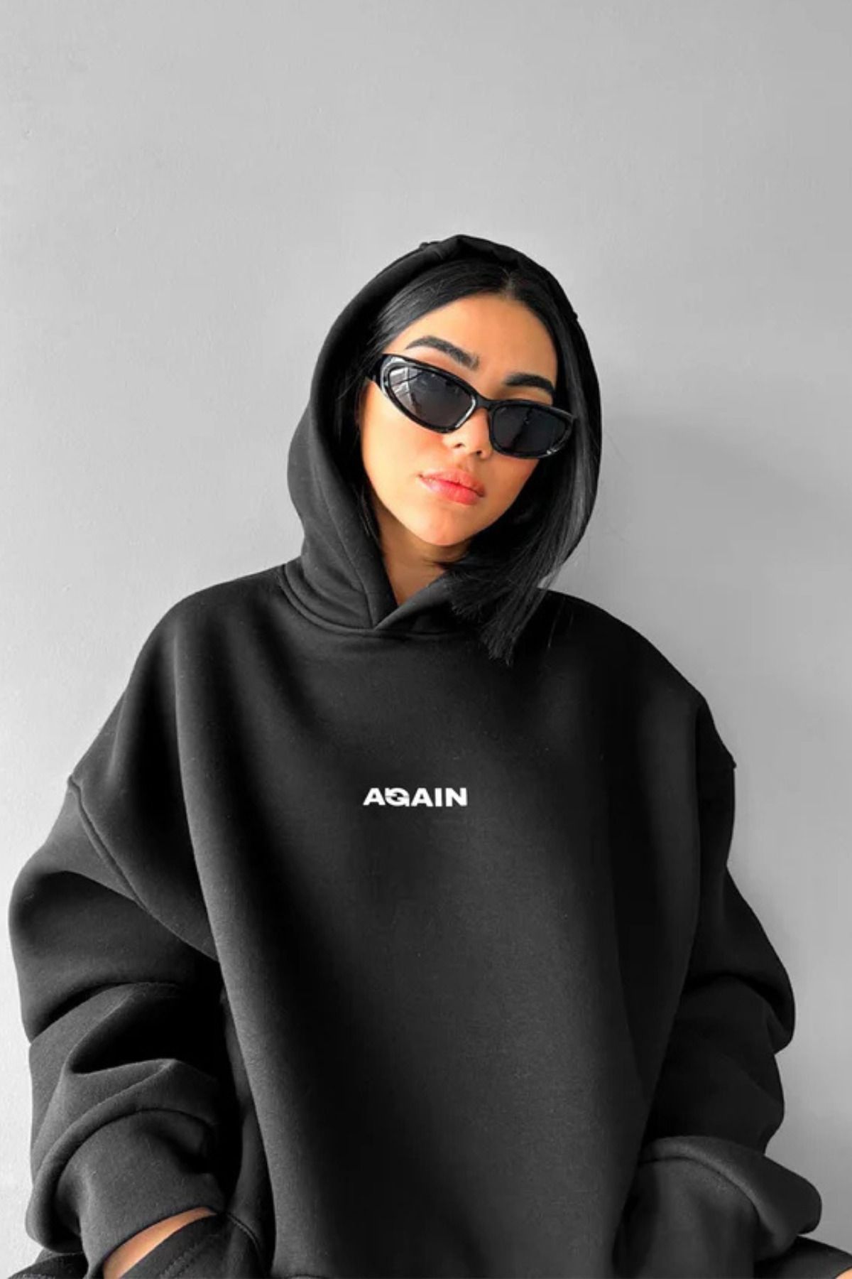 FECCY Pamuklu Again Baskılı Kapüşonlu Sweatshirt Hoodie