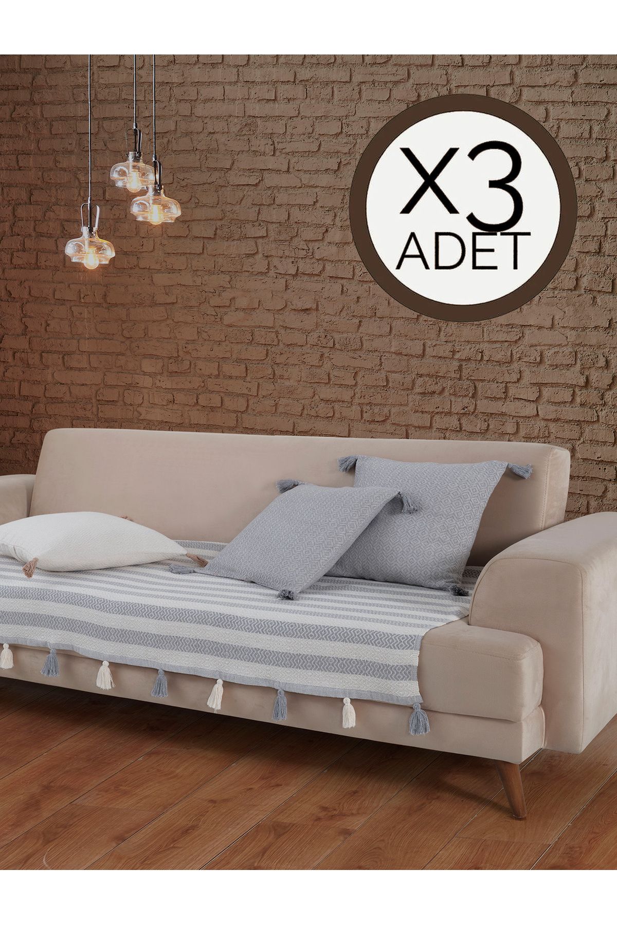 Lux Touch Liva Ponponlu Gri 3 Adet Koltuk Örtüsü 115x200 Cm Kanepe Divan Çekyat Berjer Örtüsü Püsküllü