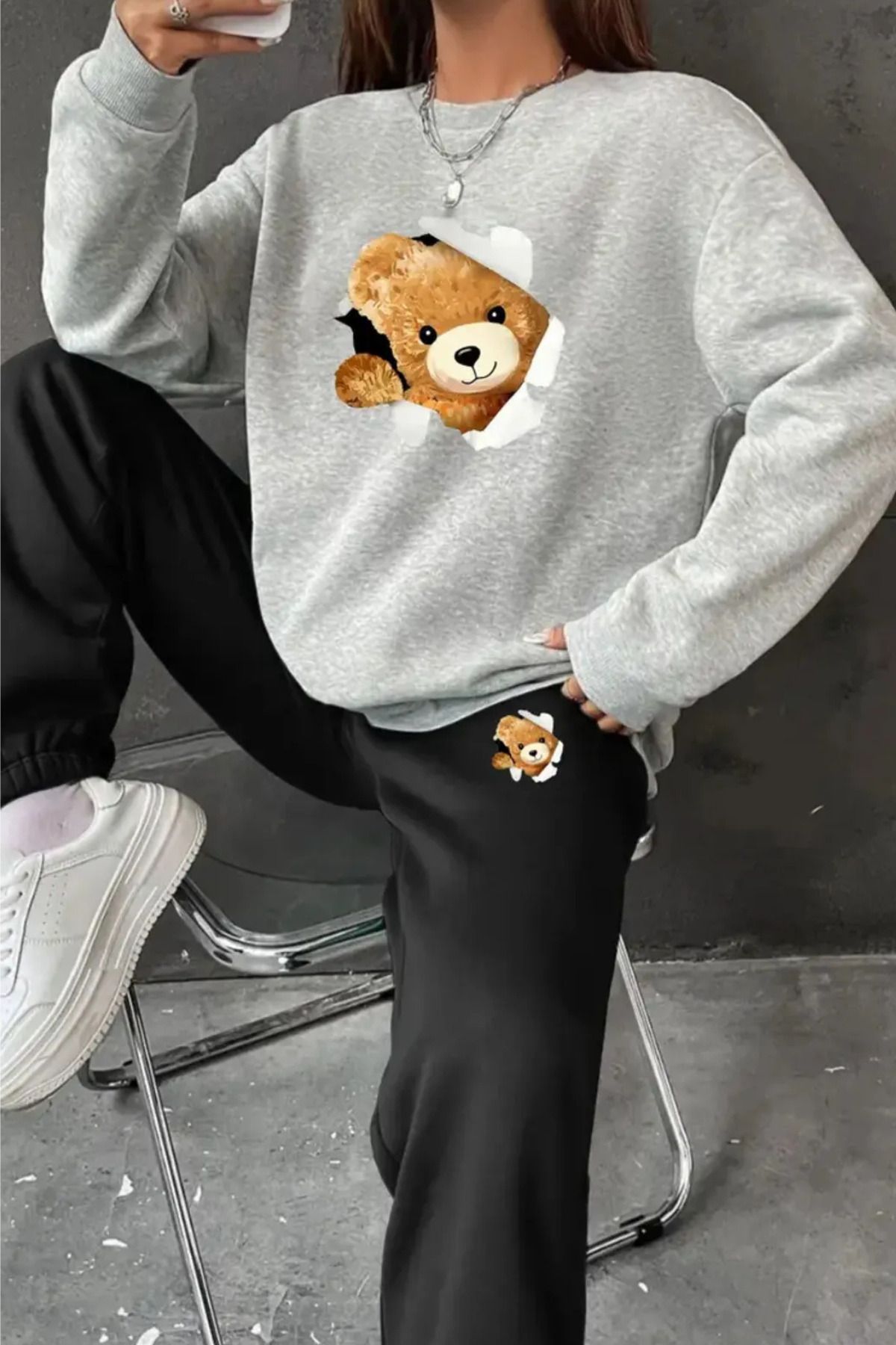 Wish BF Kadın Kışlık Ayı Desenli Sweatshirt ve Jogger Takımı