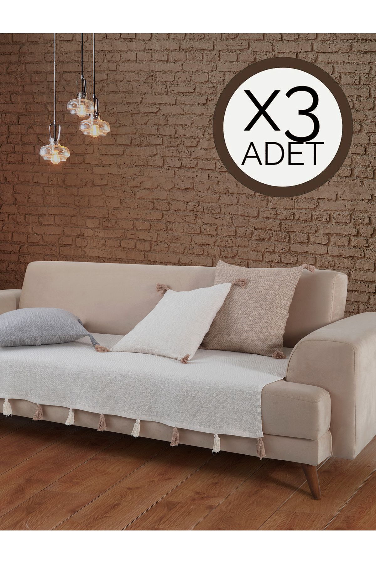 Lux Touch Liva Ponponlu Ekru 3 Adet Koltuk Örtüsü 115x200 Cm Kanepe Divan Çekyat Berjer Örtüsü Püsküllü