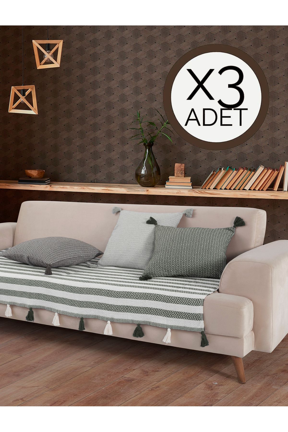 Lux Touch Liva Ponponlu Haki 3 Adet Koltuk Örtüsü 115x200 Cm Kanepe Divan Çekyat Berjer Örtüsü Püsküllü