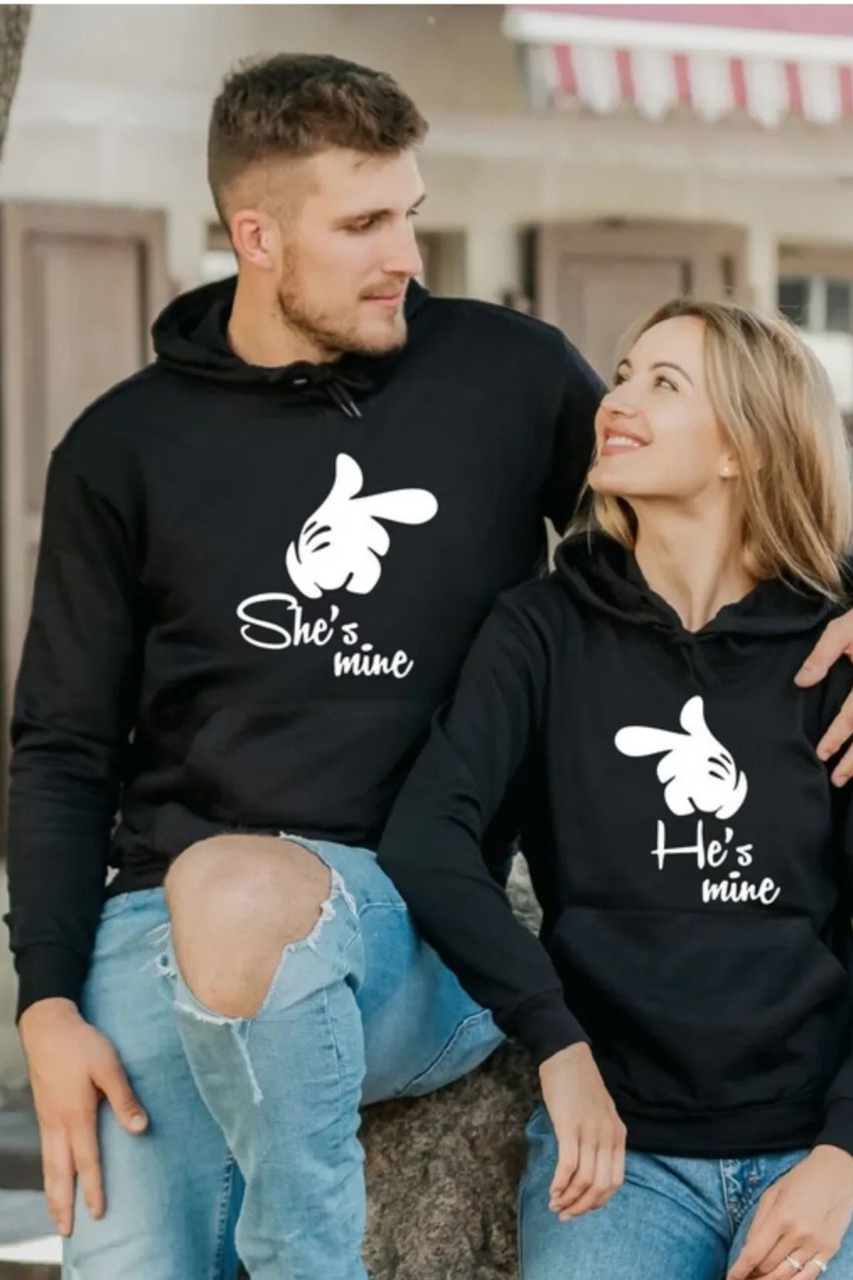 FECCY Pamuklu 14 Şubat Hediye Çift Sevgili Kombinleri Couple Clothing 3 İplik Kapüşonlu Sweatshirt 2 Adet