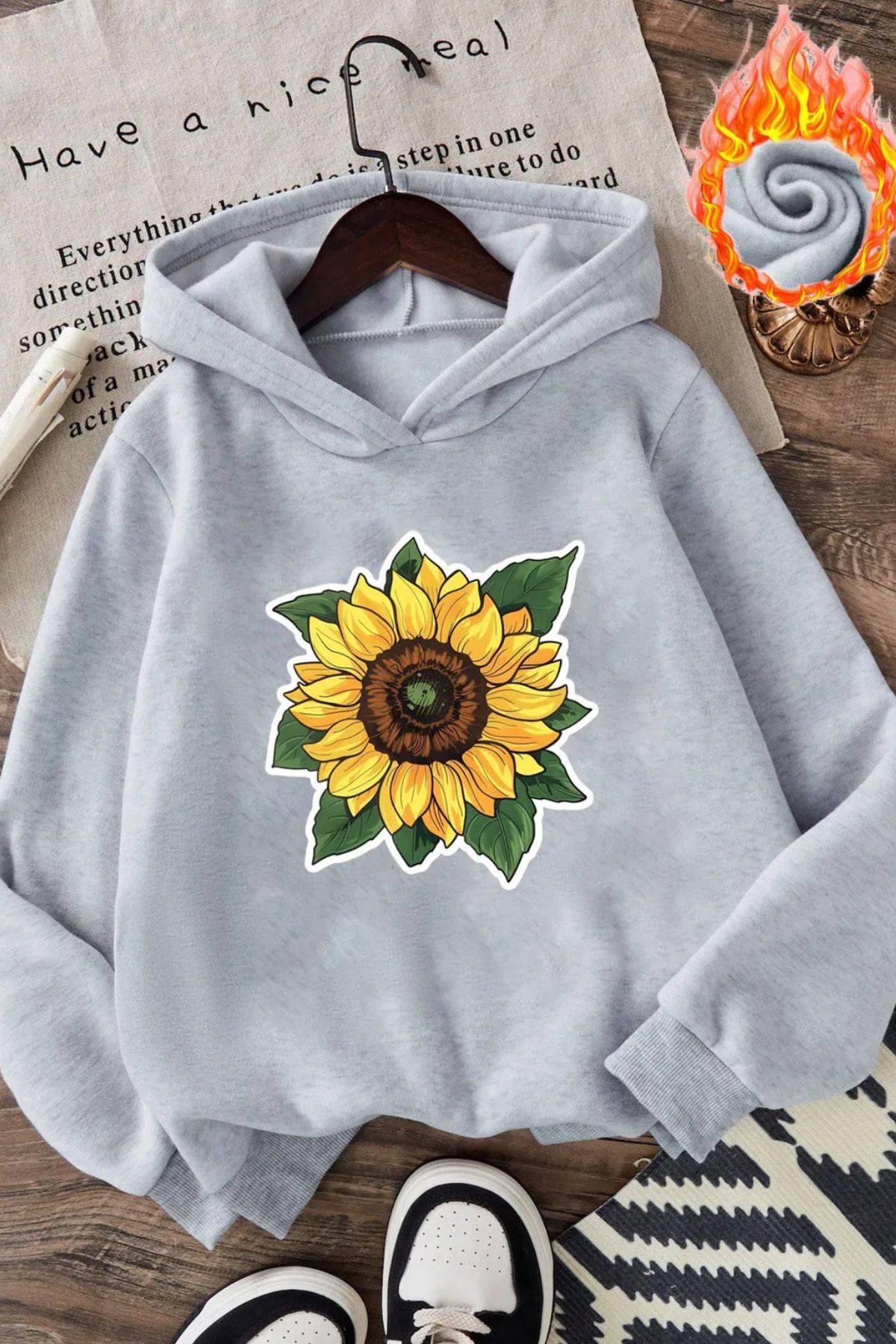 FECCY Pamuklu Ayçiçeği ön baskılı gri oversize kapşonlu sweatshirt hoodie