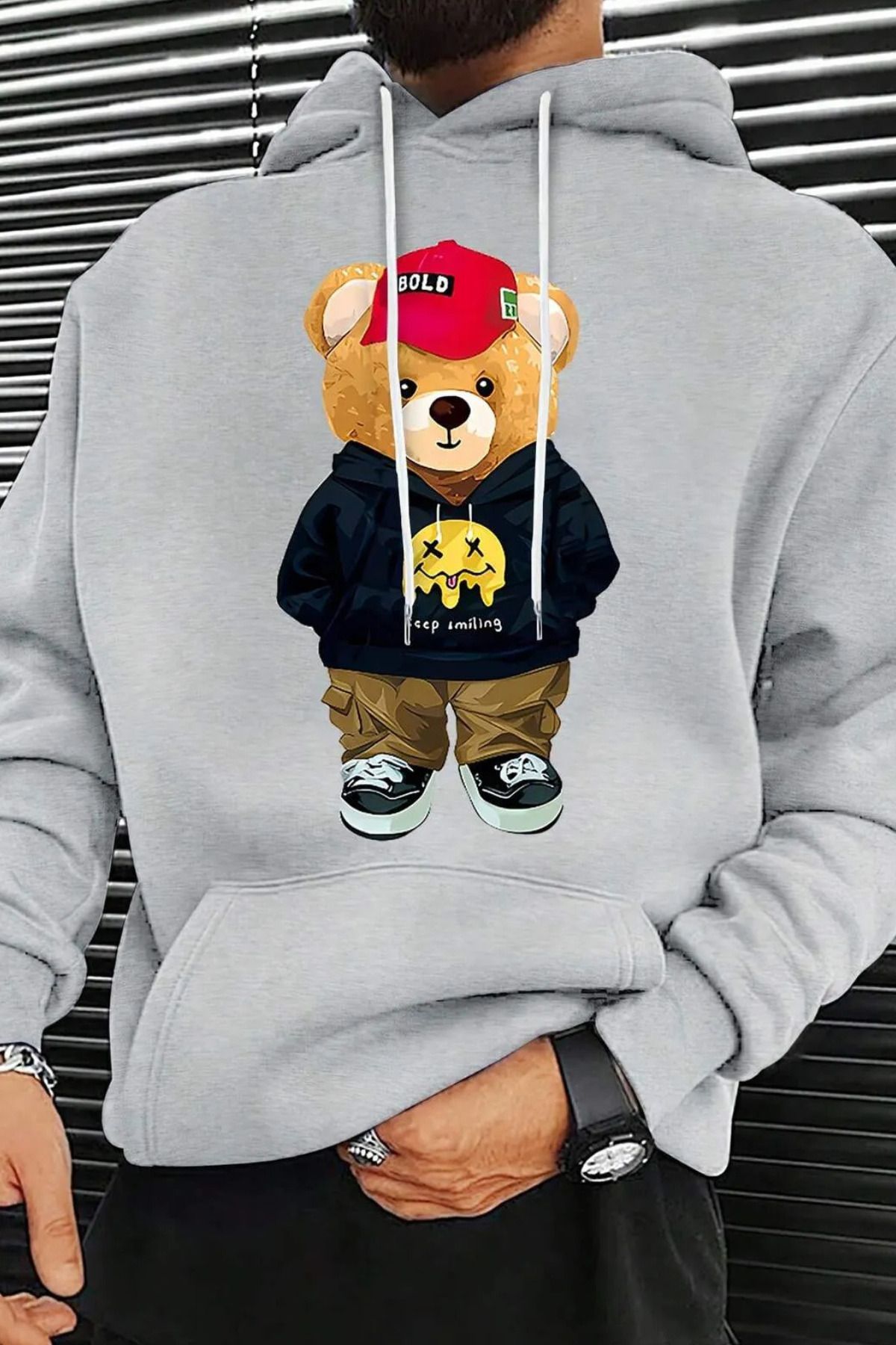 FECCY Pamuklu ayıcık ön baskılı kapüşonlu sweatshirt hoodie