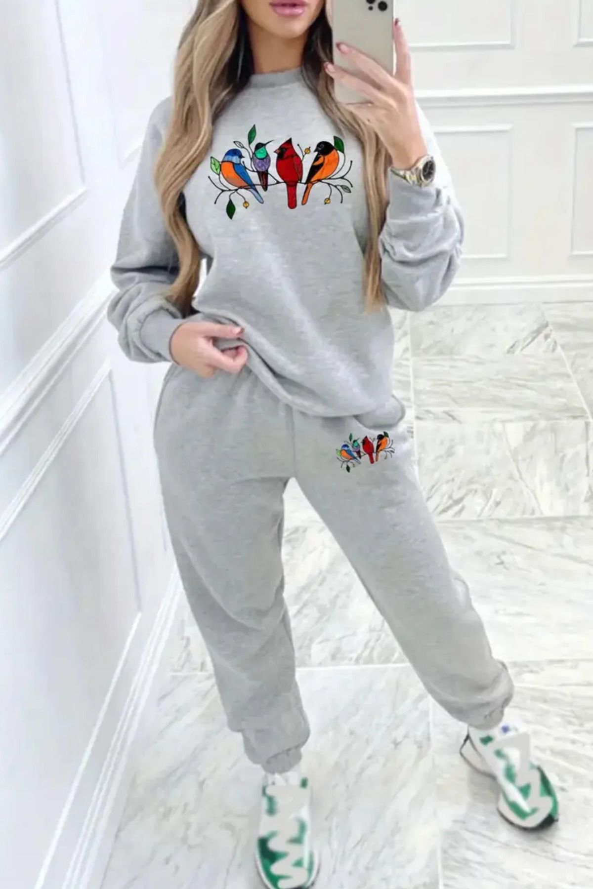 Wish BF Kadın Kuş Baskılı Sweatshirt & Jogger Takımı