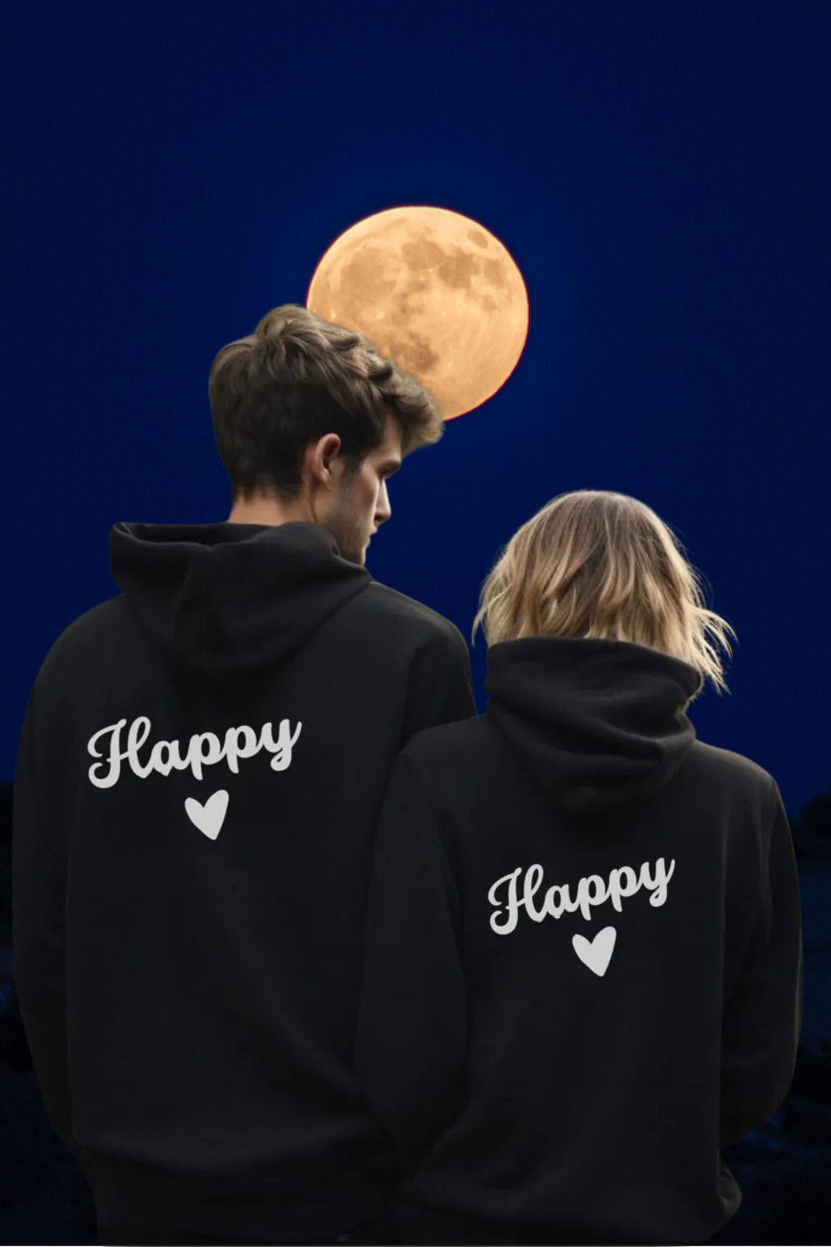 FECCY Pamuklu 2'Li Happy Kalp Baskılı Oversize Kapüşonlu Kanguru Cepli Çift Sweatshirtleri