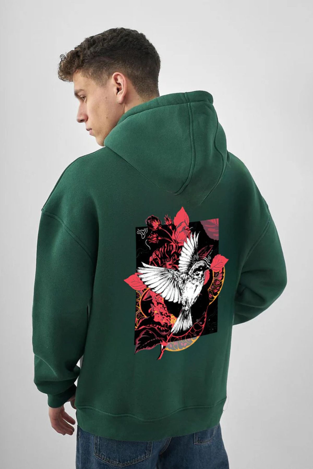 FECCY Pamuklu BirdBaskılı Kapüşonlu Sweatshirt Hoodie