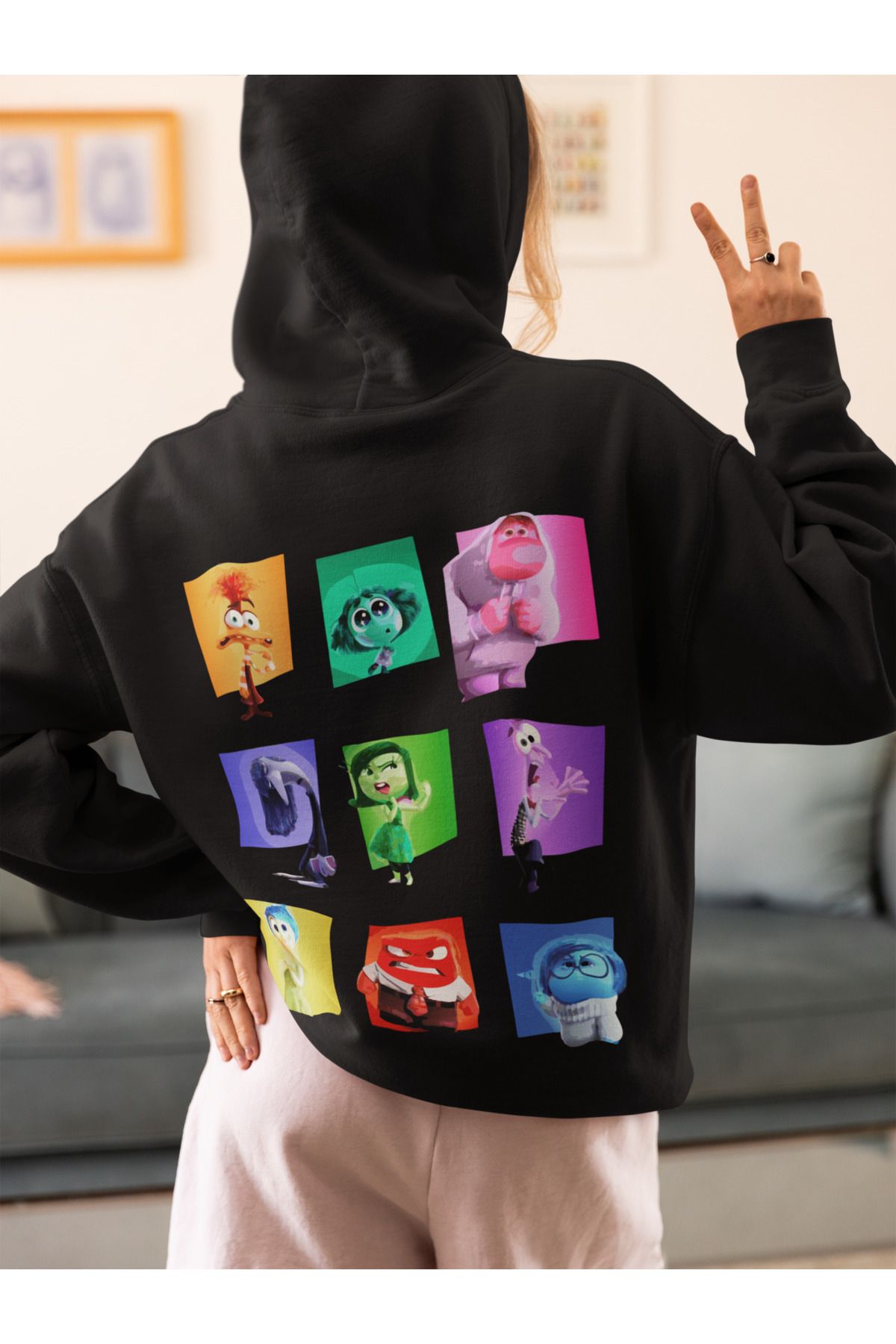 SEVBANO Ters Yüz Baskılı Unisex Oversize Insiide Out Çizgi Film Hoodie