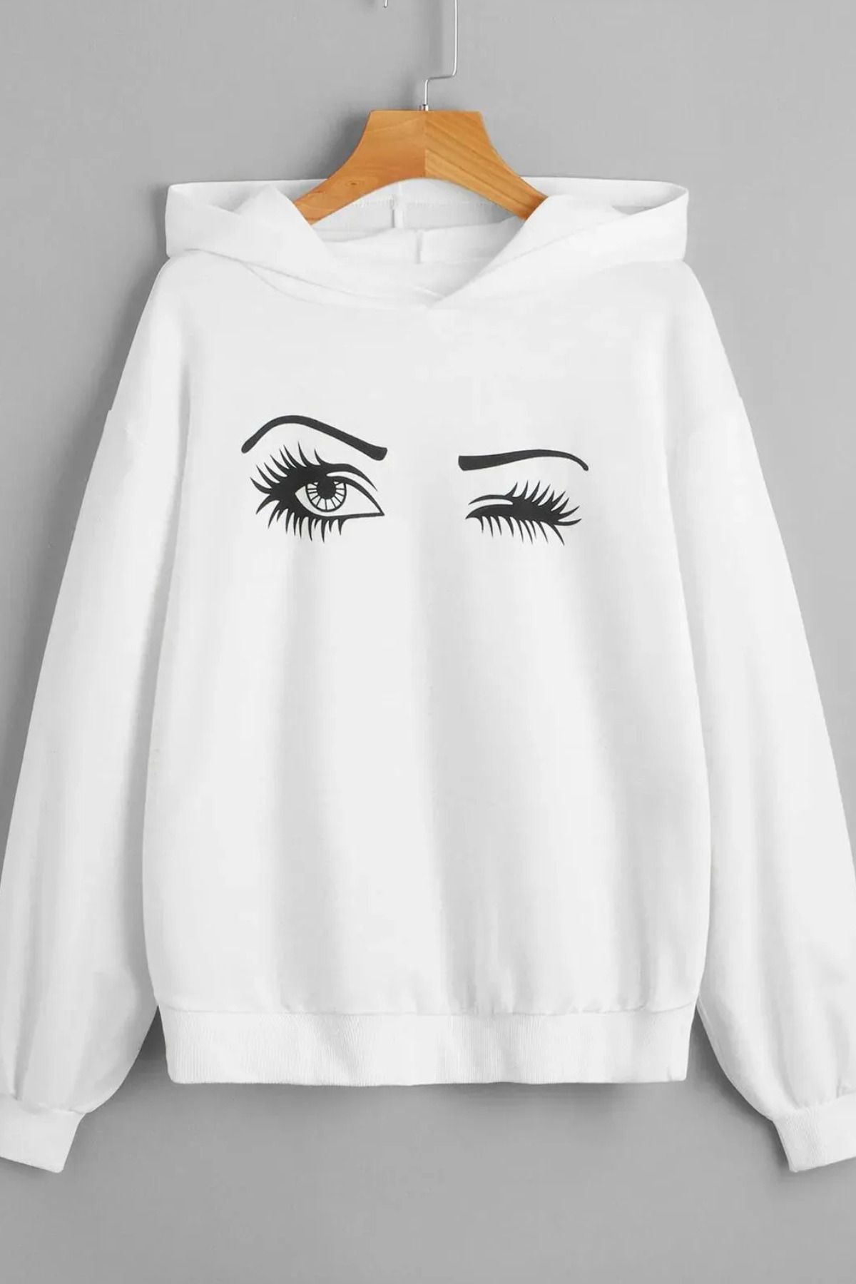 FECCY Pamuklu Baskılı bayaz Kapüşonlu Sweatshirt Hoodie