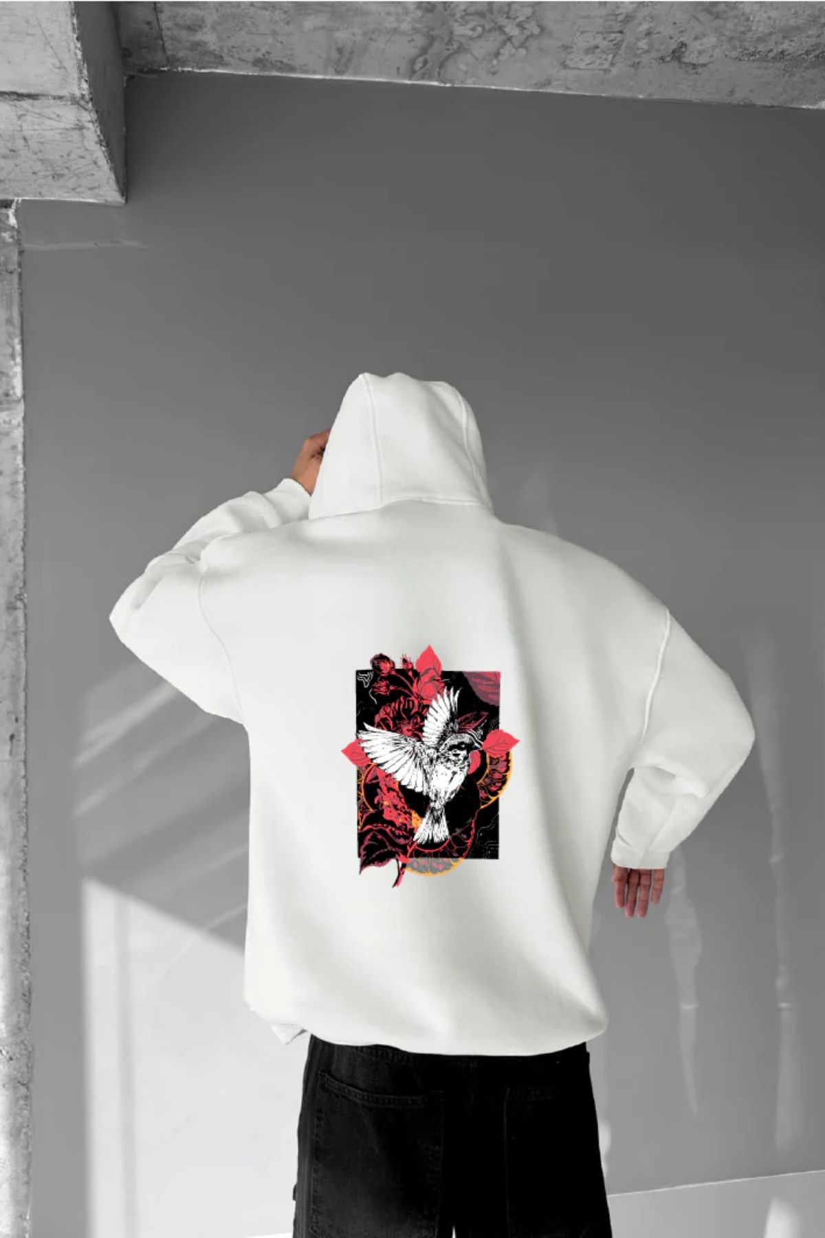 FECCY Pamuklu BirdBaskılı Kapüşonlu Sweatshirt Hoodie