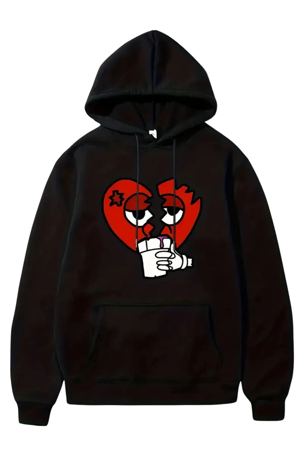 FECCY Pamuklu Broken Heart Baskılı Kapüşonlu Sweatshirt Hoodie