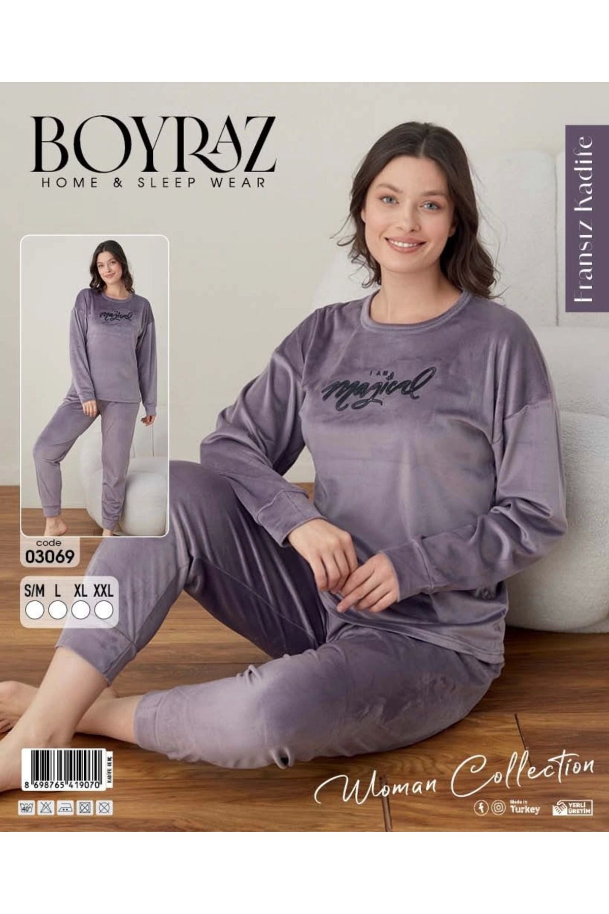 AGAFYA Boyraz 03069 Fransız Kadife Pijama Takımı