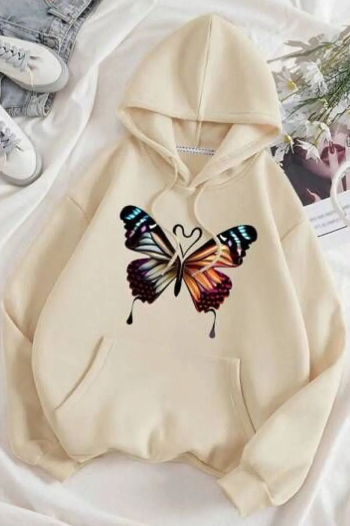 FECCY Pamuklu Butterfly Baskılı Kapüşonlu Sweatshirt Hoodie