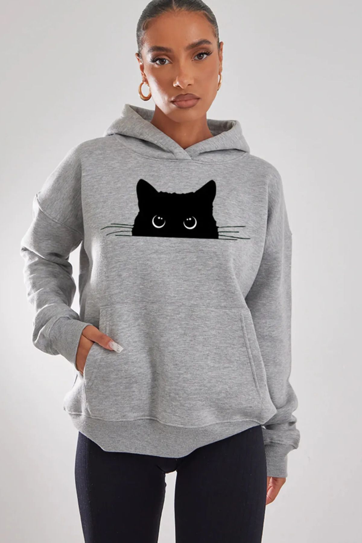 FECCY Pamuklu Cat Baskılı Oversize Kapüşonlu Gri Erkek Sweatshirt