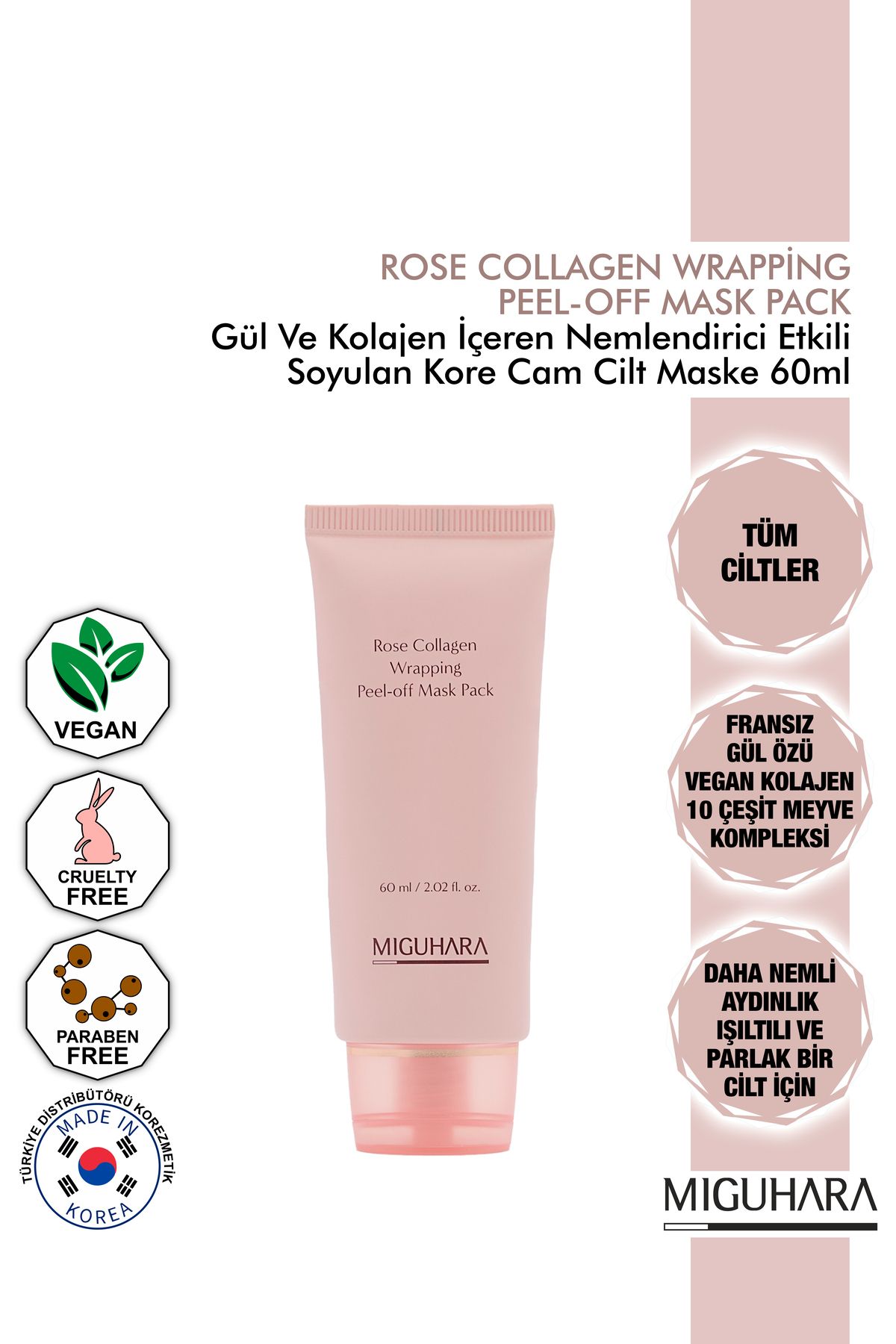 MİGUHARA Miguhara Gül Ve Kolajen İçeren Nemlendirici Etkili Soyulan Kore Cam Cilt Maske Peel Off - 60ml