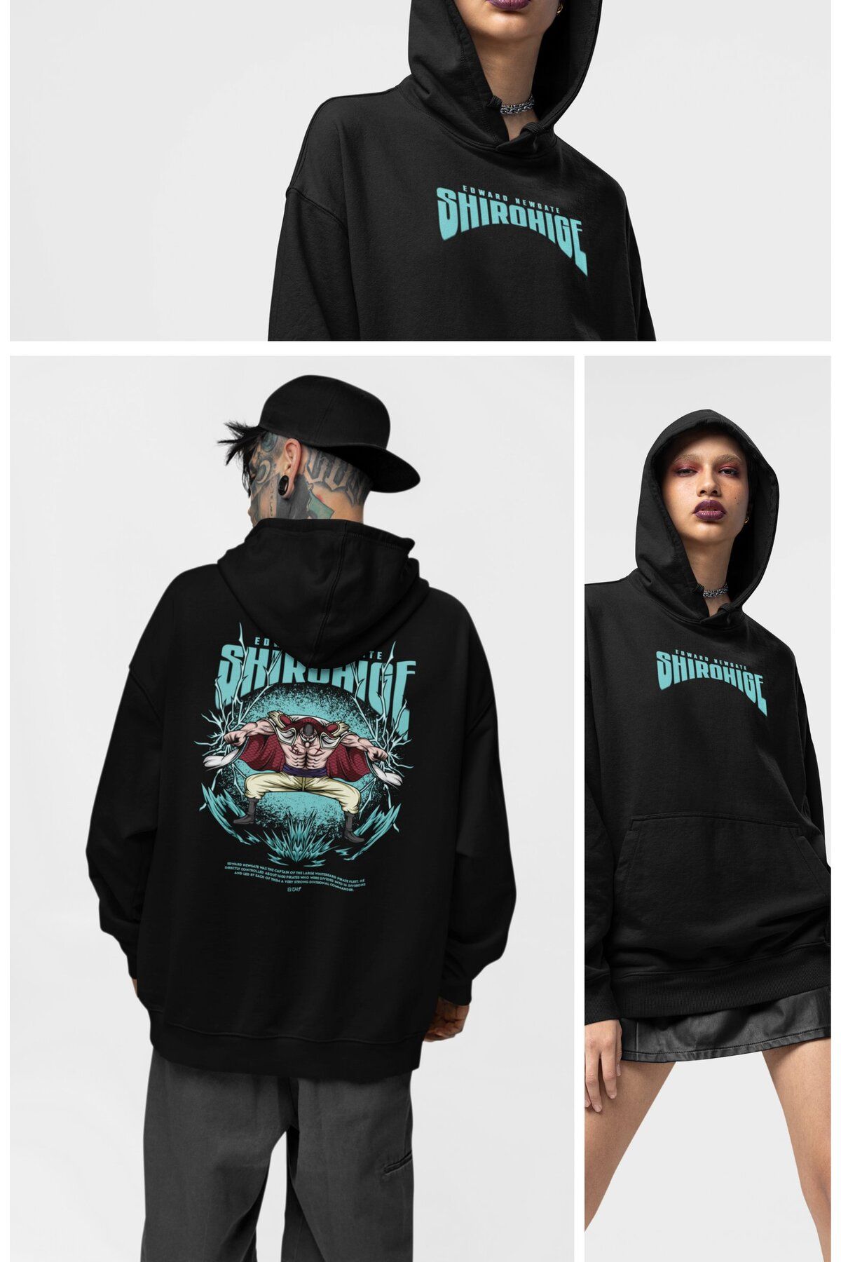 Fuddy Moda Oversize Edward Newgate Sırt Baskılı Kapüşonlu Sweatshirt, Unisex One Piece Temalı Anime Hoodie