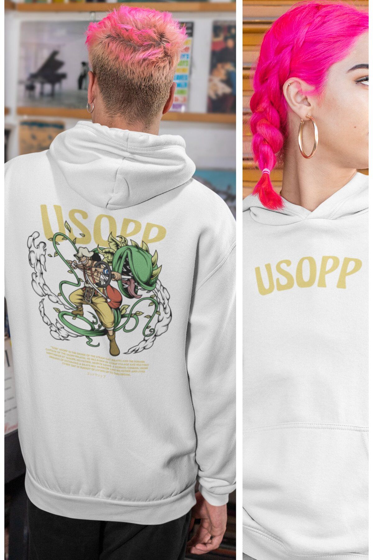 Fuddy Moda Oversize Usopp Sırt Baskılı Kapüşonlu Sweatshirt, Unisex One Piece Temalı Anime Hoodie