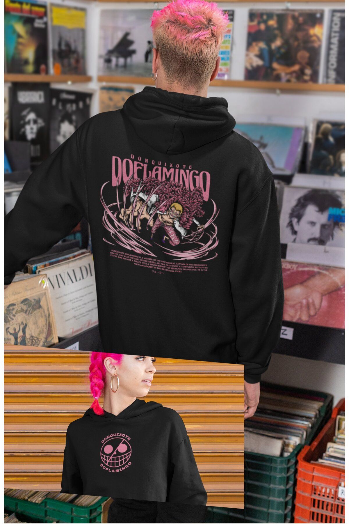 Fuddy Moda Oversize Donquıxote Doflamingo Sırt Baskılı Kapüşonlu Sweatshirt, Unisex One Piece Anime Hoodie