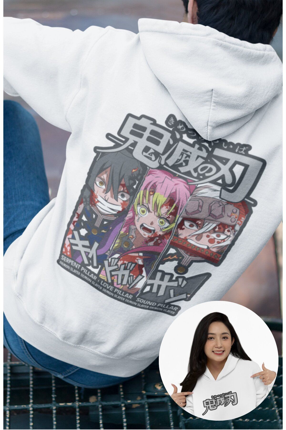 Fuddy Moda Oversize DS Hashiramas Sırt Baskılı Kapüşonlu Sweatshirt, Unisex Demon Slayer Anime Temalı Hoodie