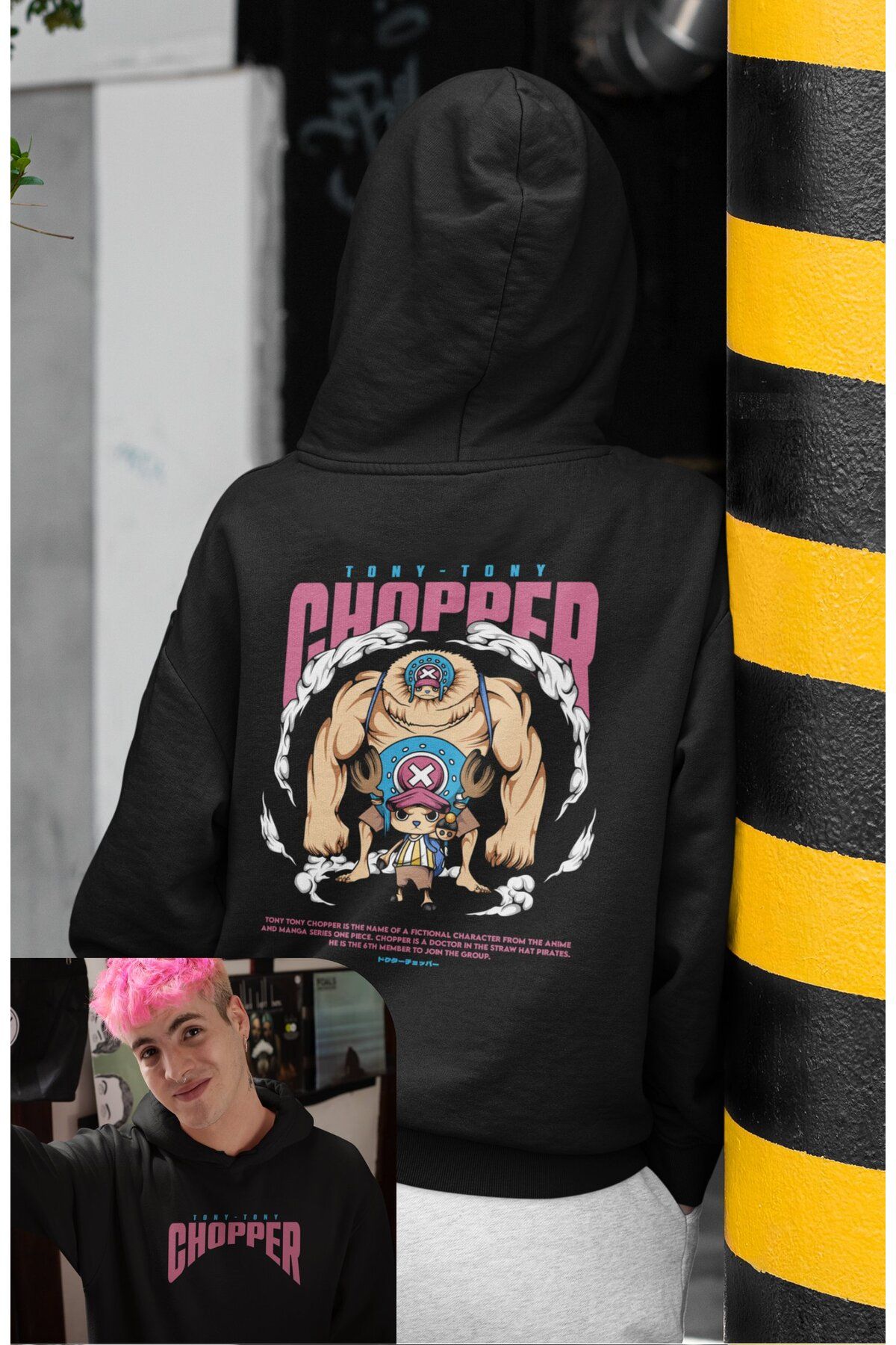 Fuddy Moda Oversize Tony Chopper Sırt Baskılı Kapüşonlu Sweatshirt, Unisex One Piece Temalı Anime Hoodie