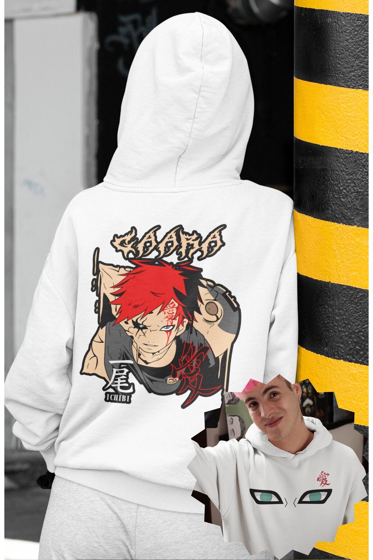 Fuddy Moda Oversize Gaara Sırt Baskılı Kapüşonlu Sweatshirt, Unisex Naruto Anime Temalı Hoodie