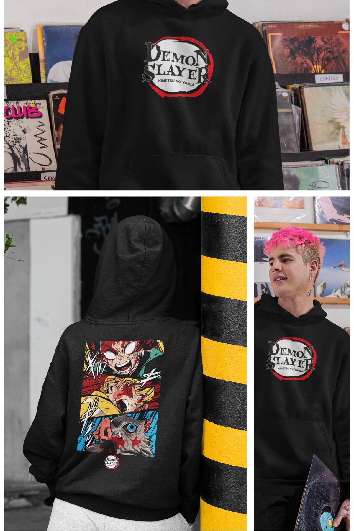 Fuddy Moda Oversize Demon Slayer Characters Sırt Baskılı Kapüşonlu Sweatshirt, Unisex Anime Temalı Hoodie