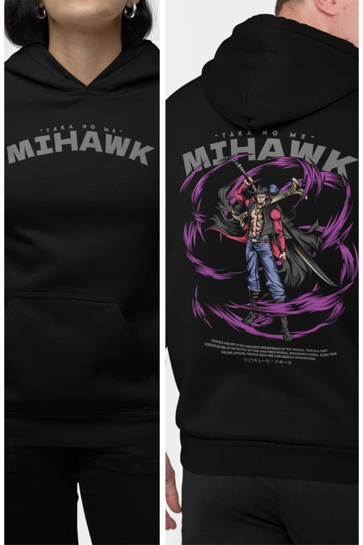 Fuddy Moda Oversize Mihawk Sırt Baskılı Kapüşonlu Sweatshirt, Unisex One Piece Temalı Anime Hoodie