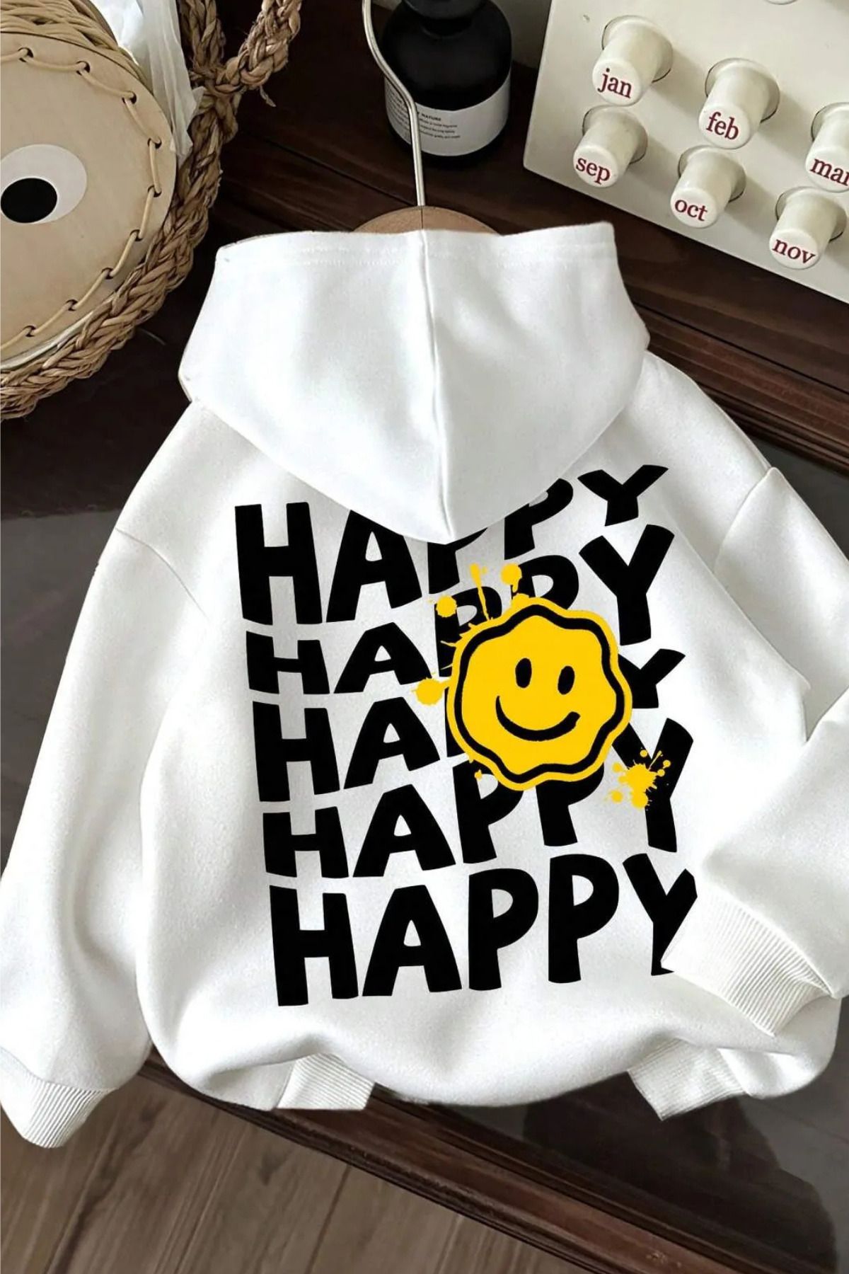 FECCY Pamuklu happy arka baskılı beyaz oversize kapşonlu sweatshirt hoodie