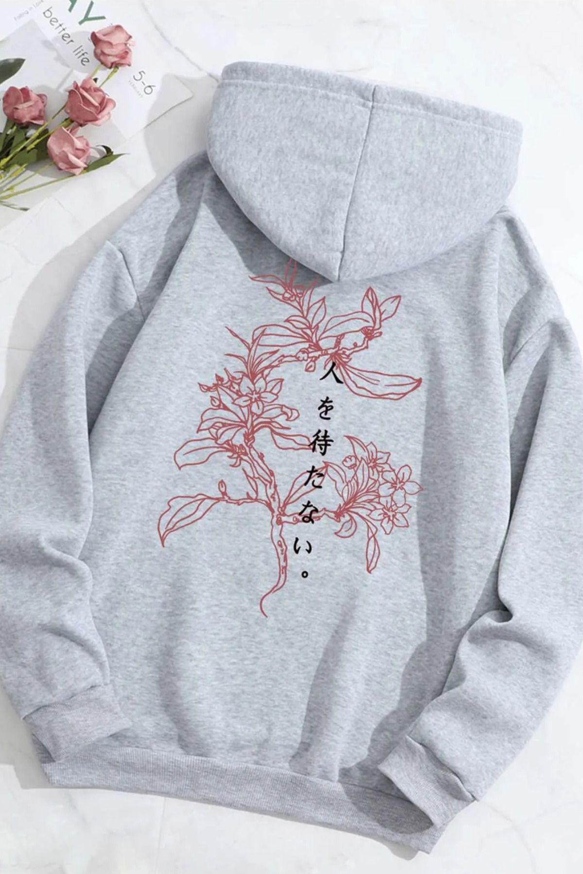 FECCY Pamuklu japon yazılar arka baskılı gri oversize kapşonlu sweatshirt hoodie