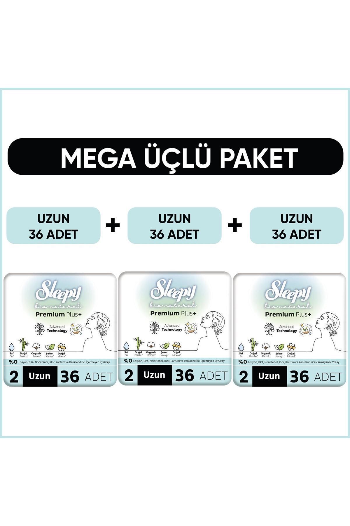 Sleepy Bio Natural Premium Plus Hijyenik Ped Mega Paket Uzun 36X3 (108 Adet)