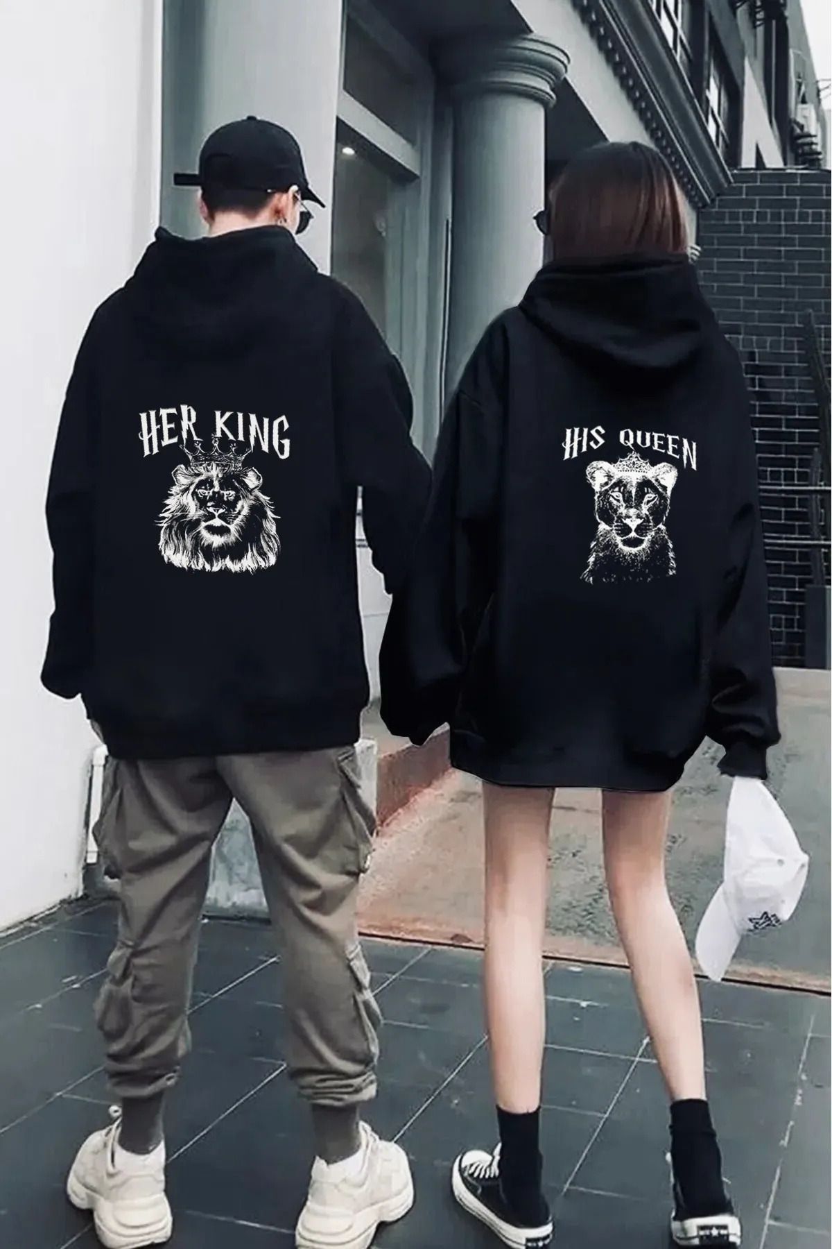 FECCY Pamuklu Her King His Queen Sevgili Çift Kombin - Siyah Baskılı Oversize Kapüşonlu Sweatshirt