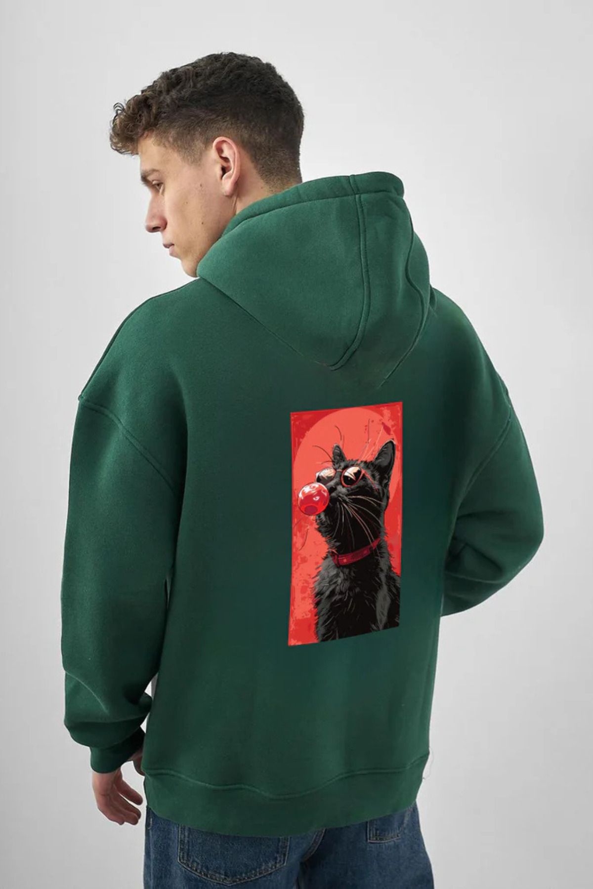 FECCY Pamuklu Havalı Kedi Baskılı Kapüşonlu Sweatshirt Hoodie